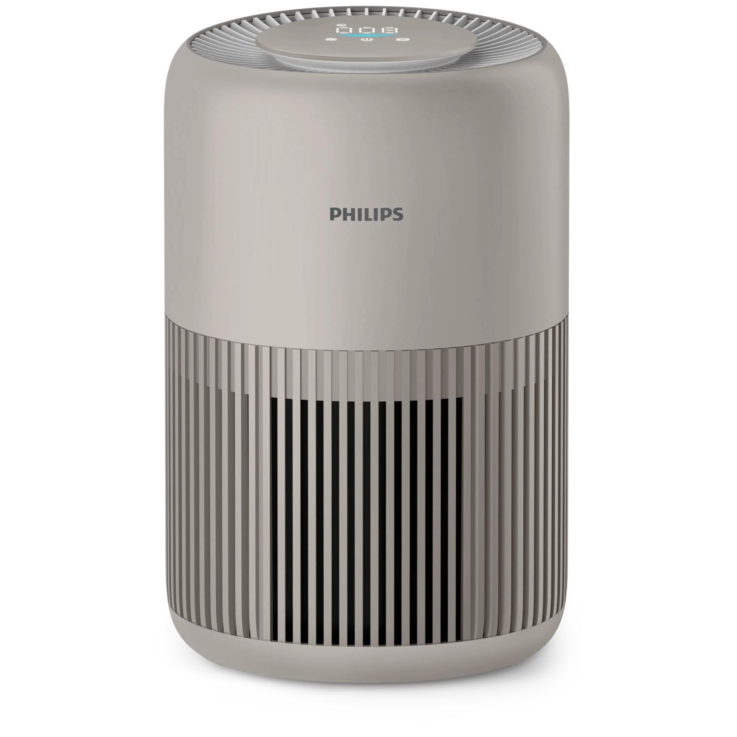 A gray Philips air purifier with vertical slats and a digital display on top.