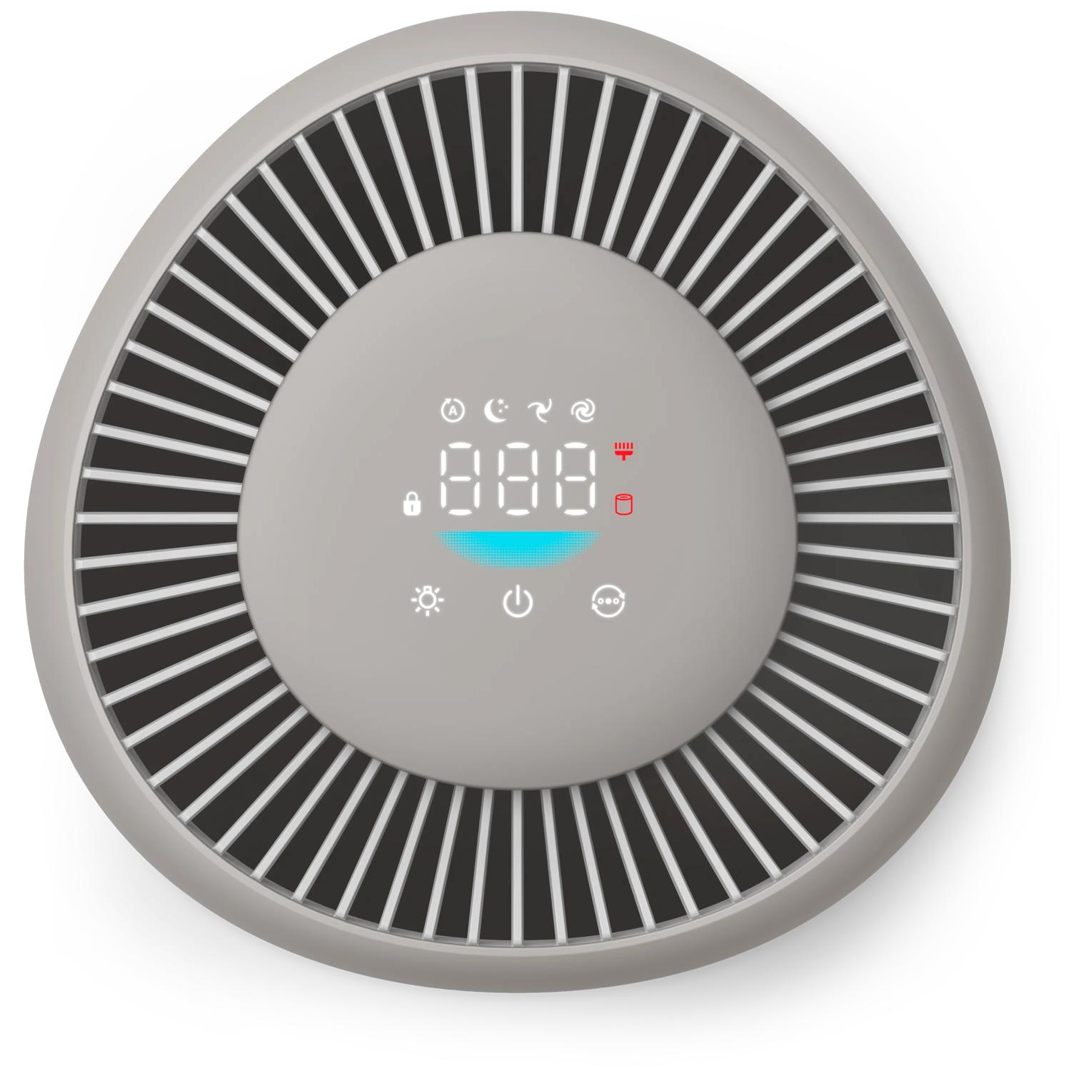 Gray air purifier with digital display and ventilation slots.