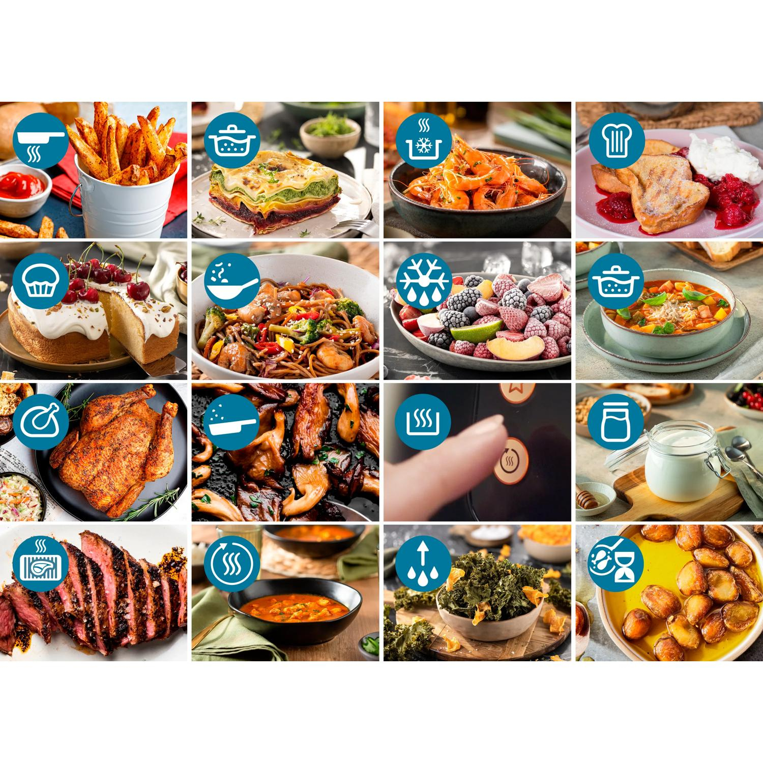 Kolaż 16 zdjęć z różnymi potrawami, np. frytki, lasagne, krewetki, ciasto i pieczony kurczak.