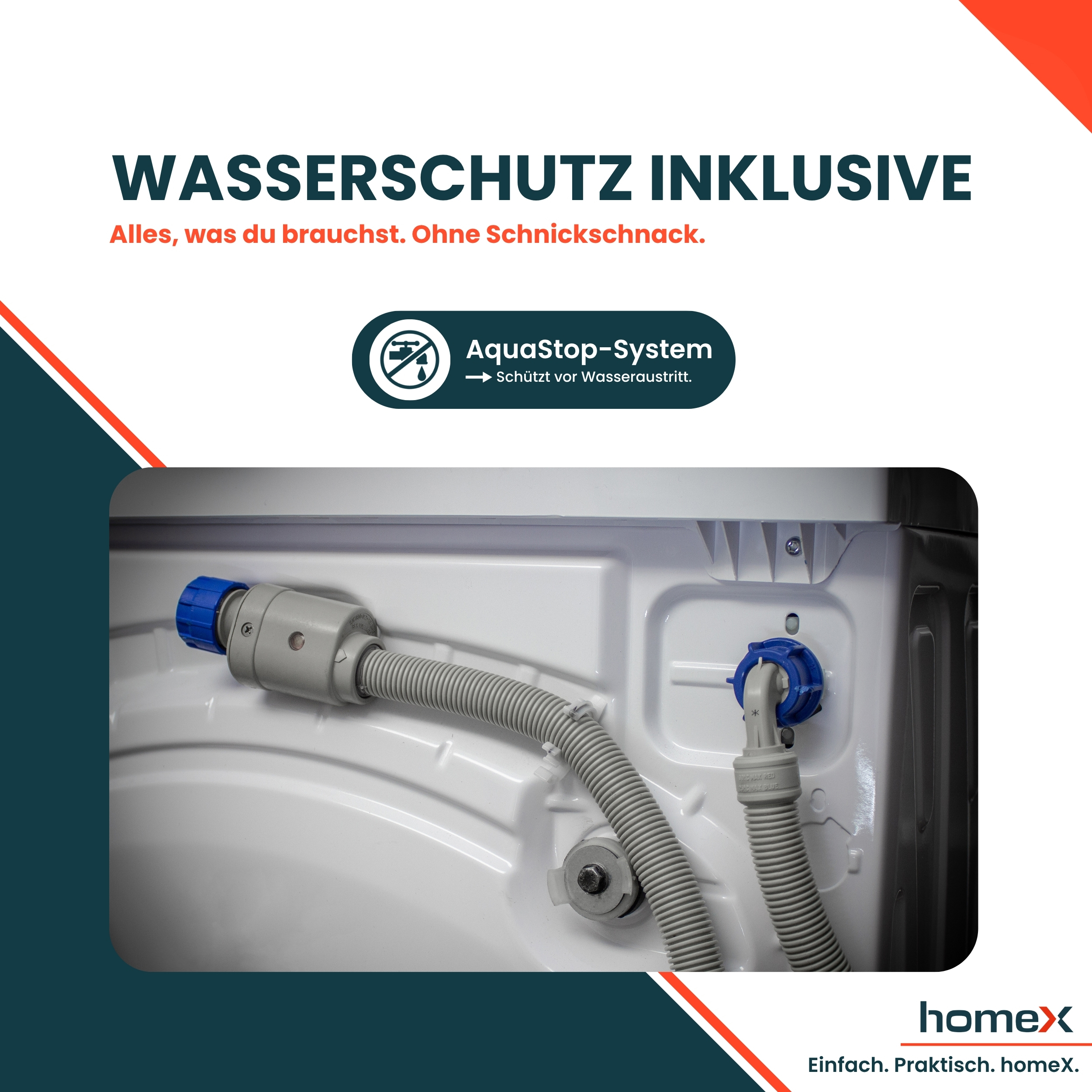 Nahaufnahme eines AquaStop-Systems an einer Waschmaschine mit blauen Anschlüssen.