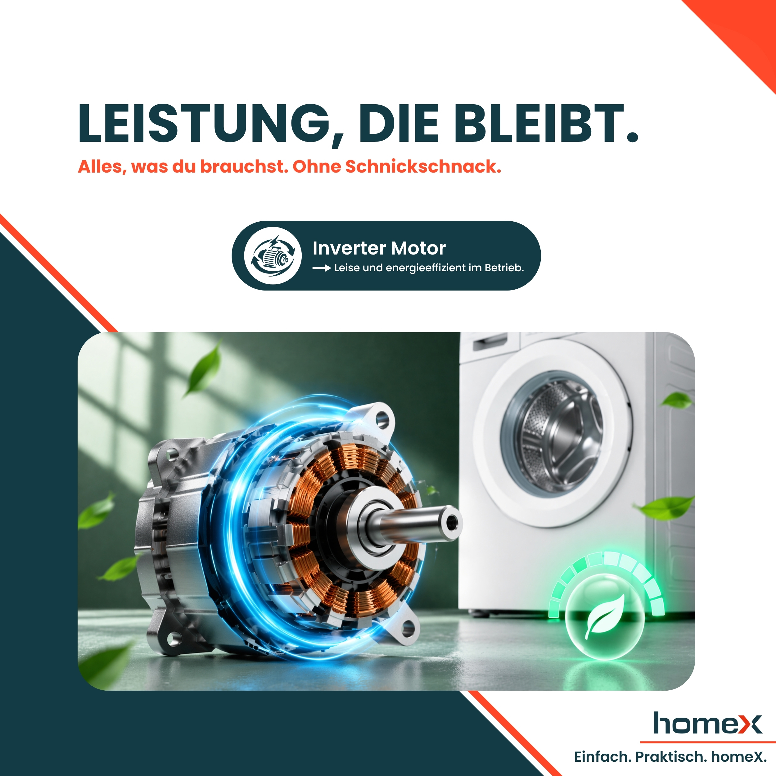 Ein Invertermotor mit leuchtenden blauen Ringen neben einer Waschmaschine.