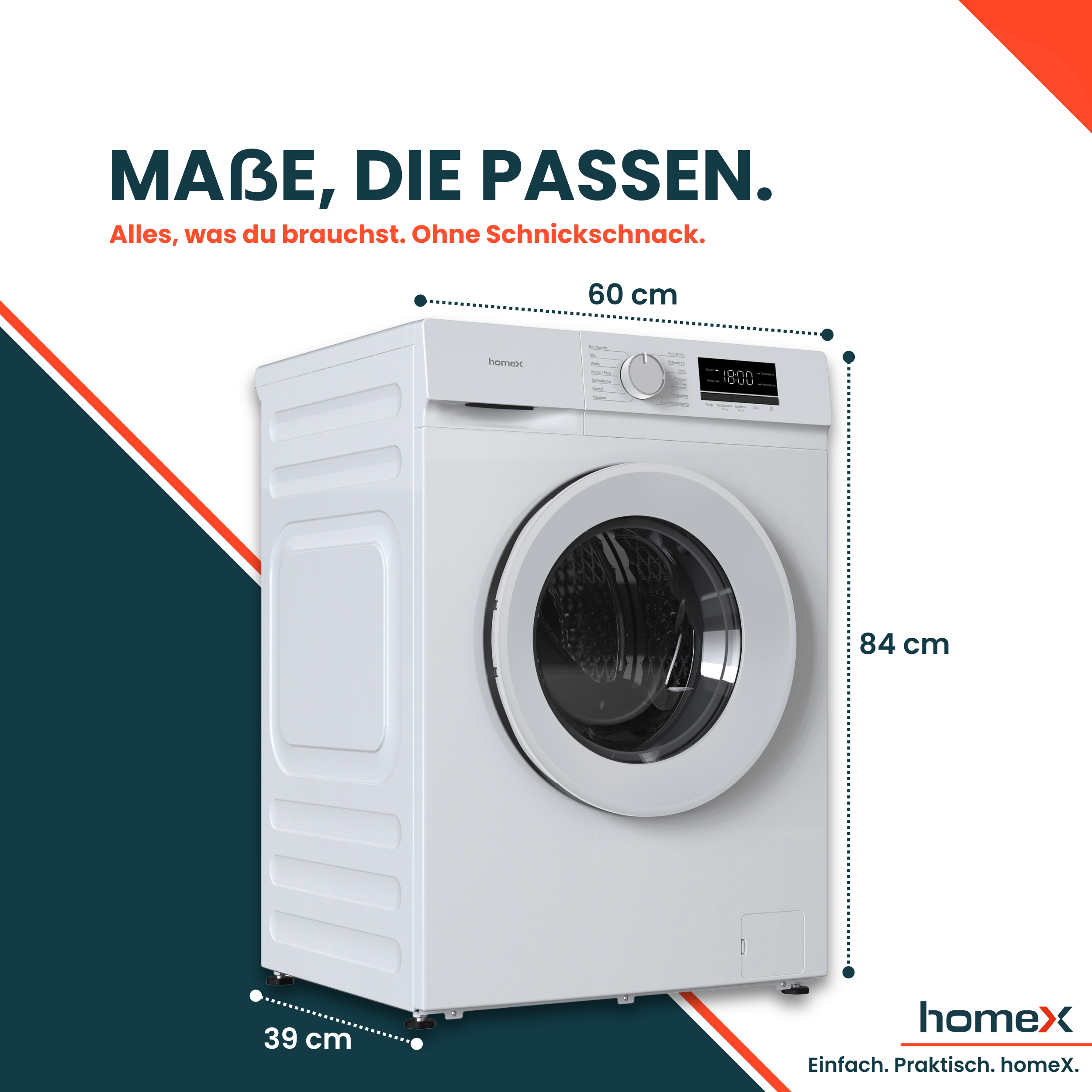Eine weiße Homex Waschmaschine mit Maßen 60x39x84 cm und digitaler Anzeige.