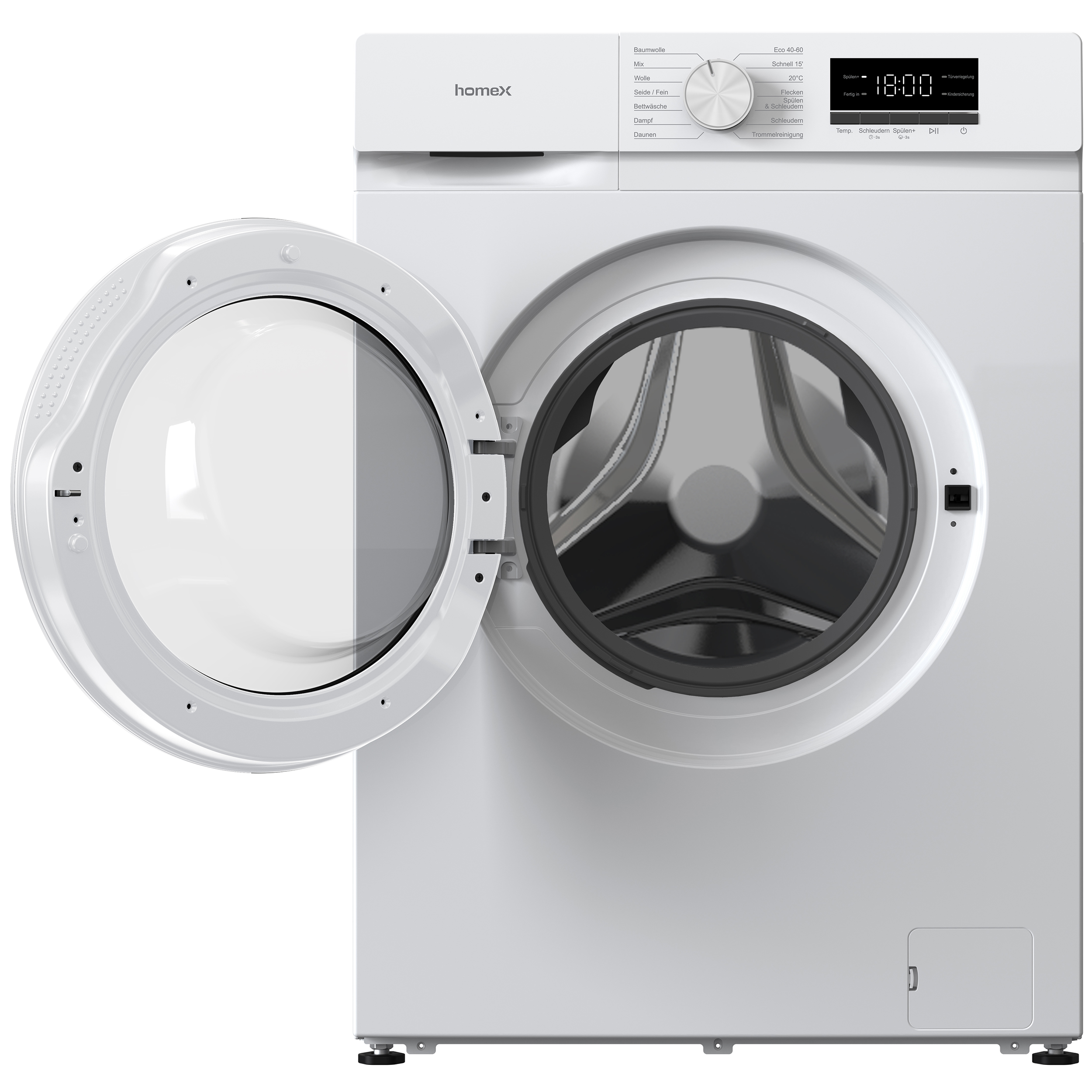 Eine weiße Waschmaschine mit geöffneter Tür und digitalem Display.
