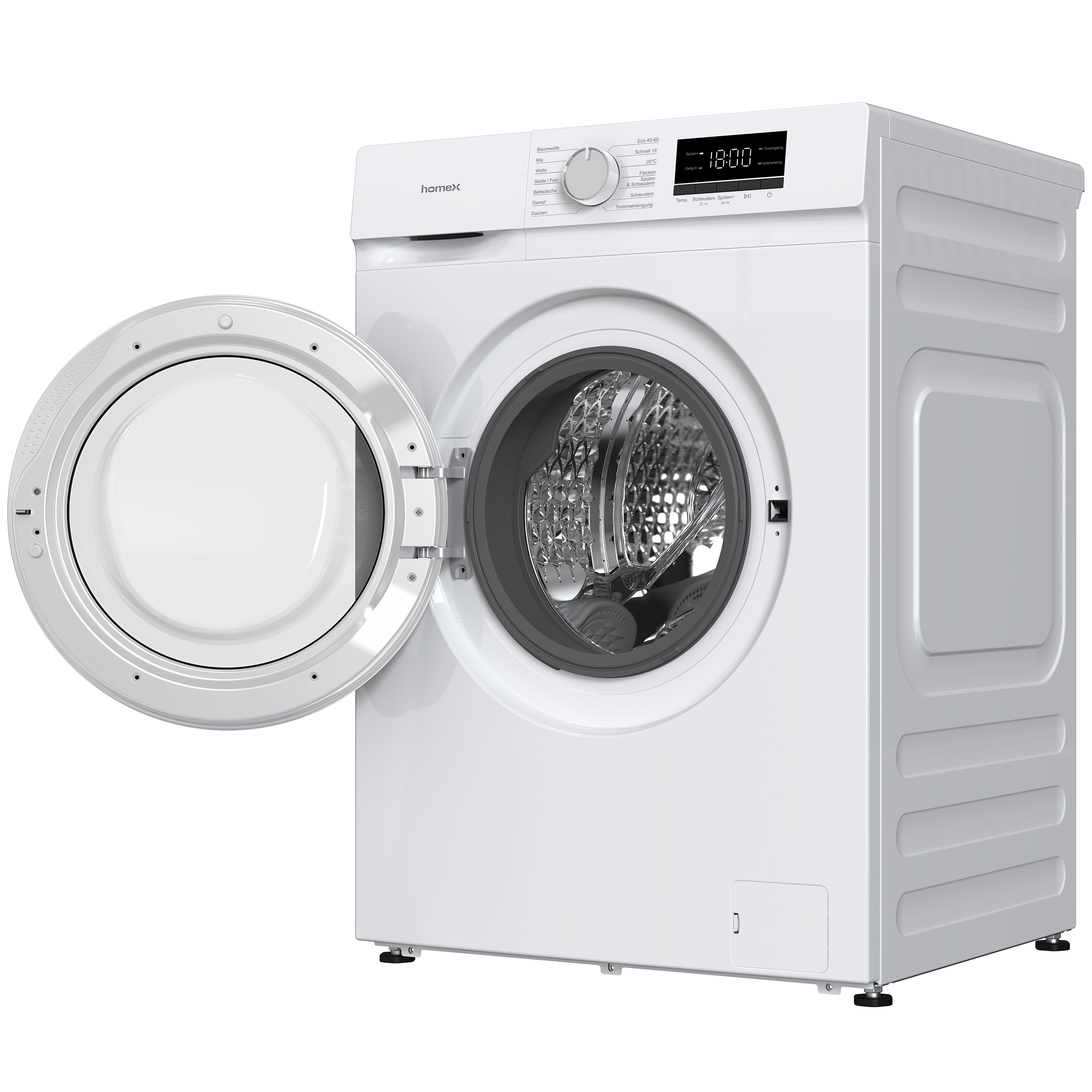 Eine weiße Waschmaschine mit geöffneter Tür und sichtbarer Trommel.