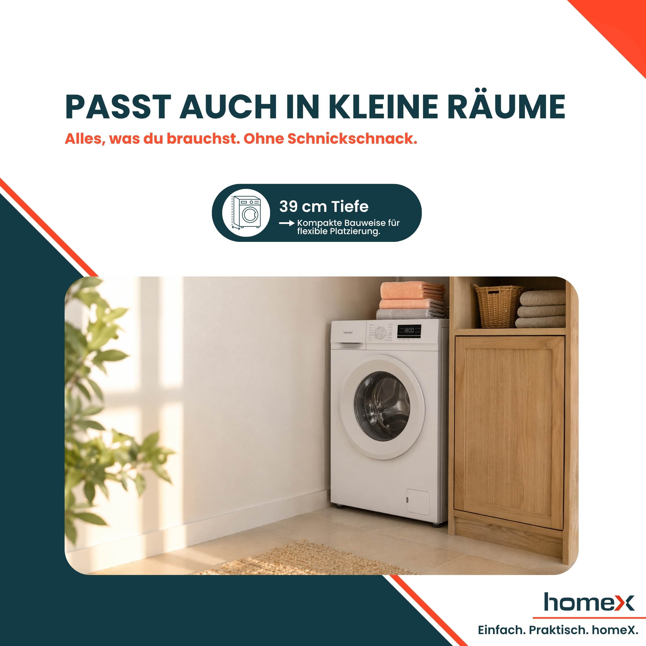 Eine weiße Waschmaschine steht neben einem Holzschrank mit Handtüchern und einem Korb.