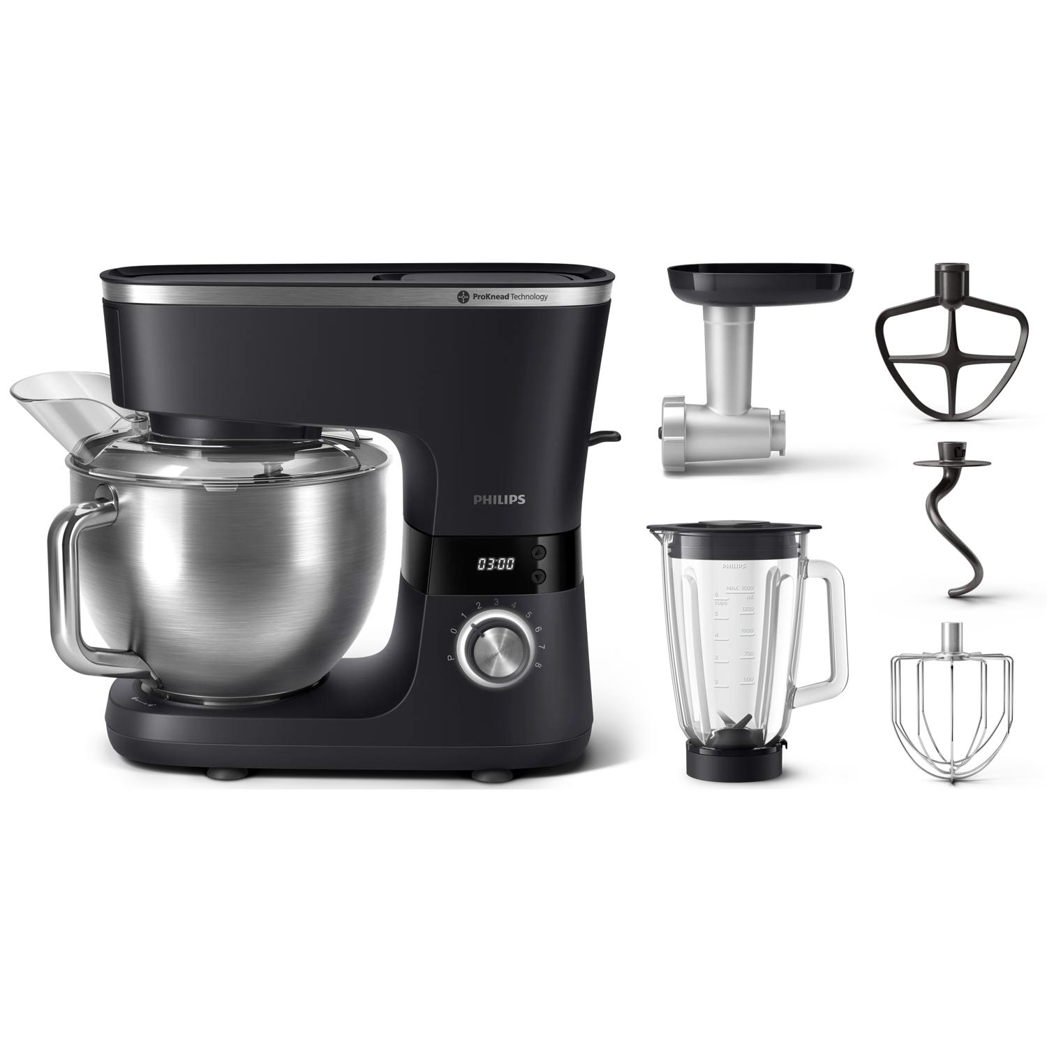 Impastatrice nera con ciotola in acciaio inox, frullatore e accessori.