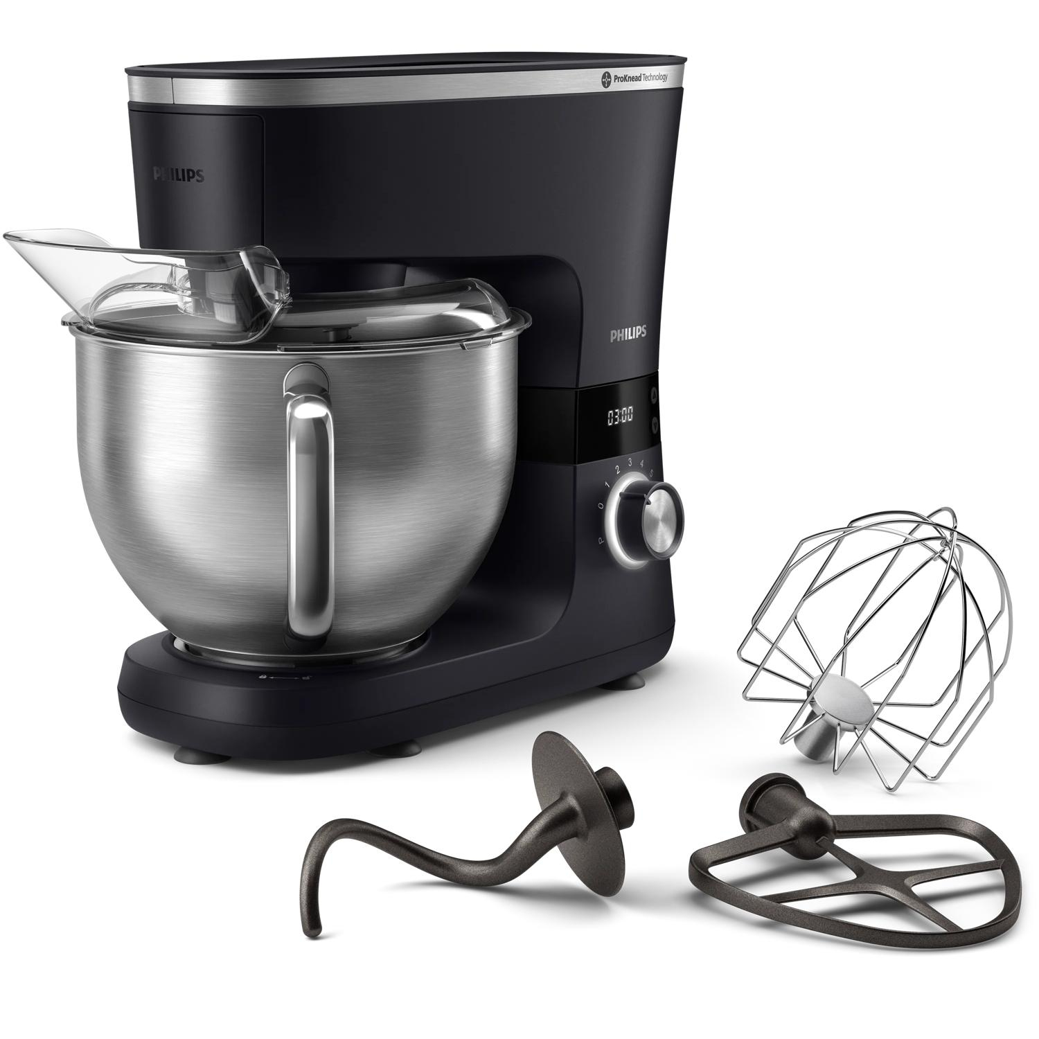 Un robot da cucina Philips nero con ciotola in acciaio inox, paraspruzzi e accessori.