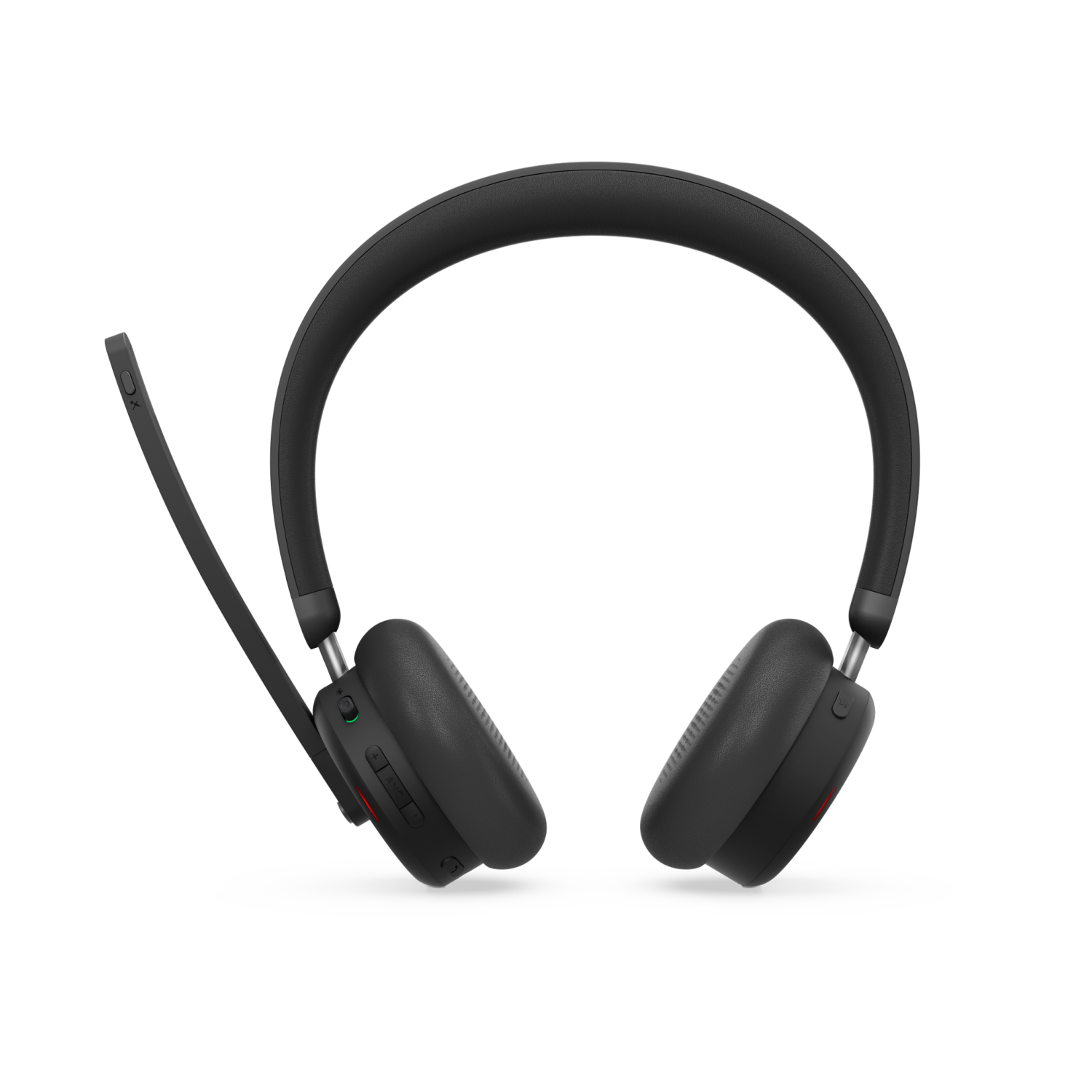 Cuffie over-ear nere con braccio microfono e controlli.