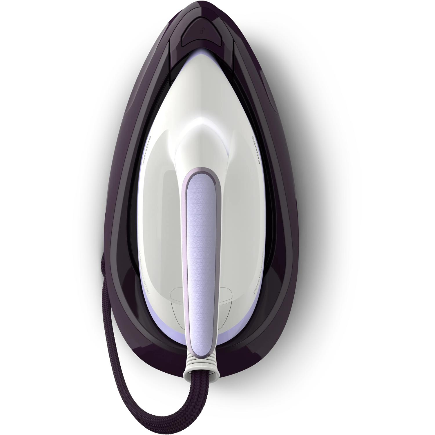 Ferro da stiro bianco e viola con cavo nero su superficie bianca.