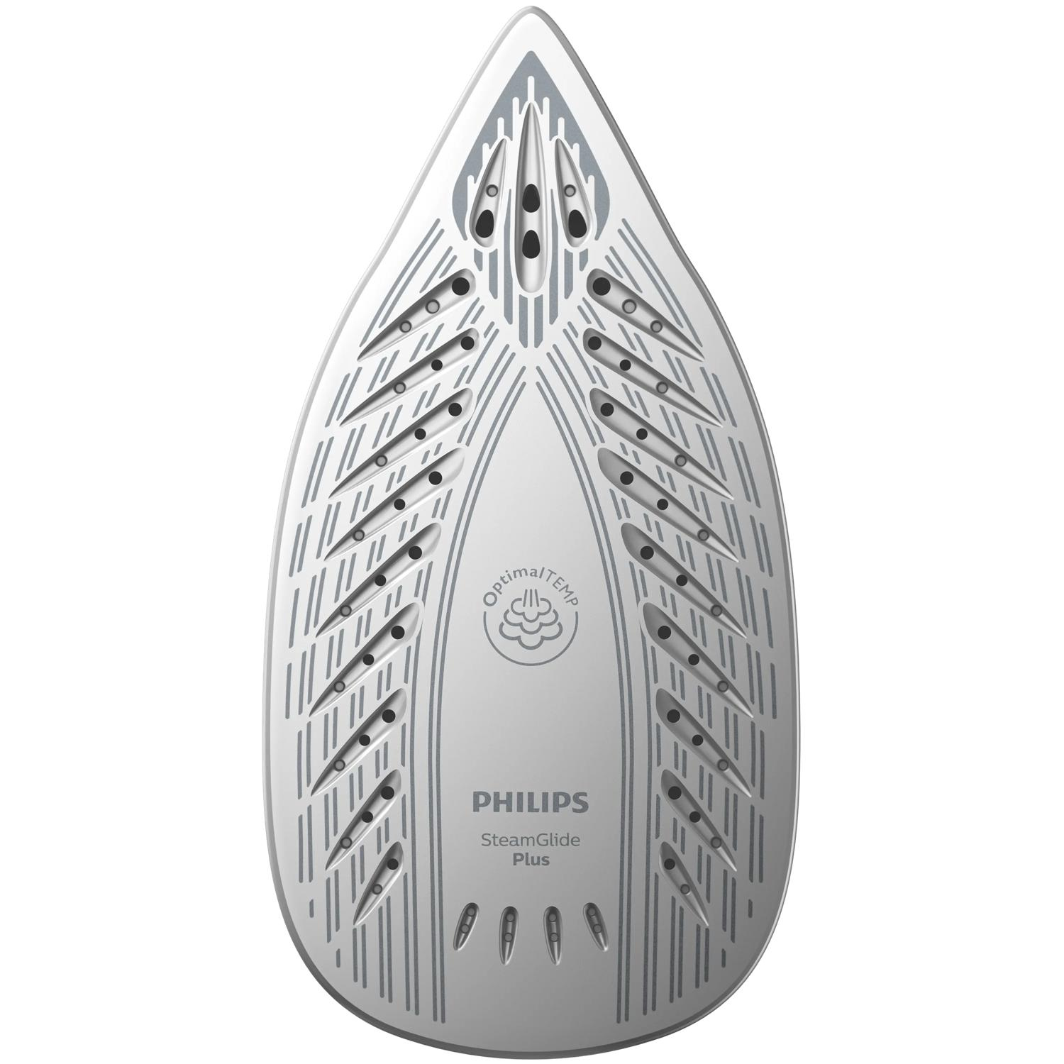 La piastra di un ferro da stiro Philips con fori per il vapore e logo "OptimalTEMP".