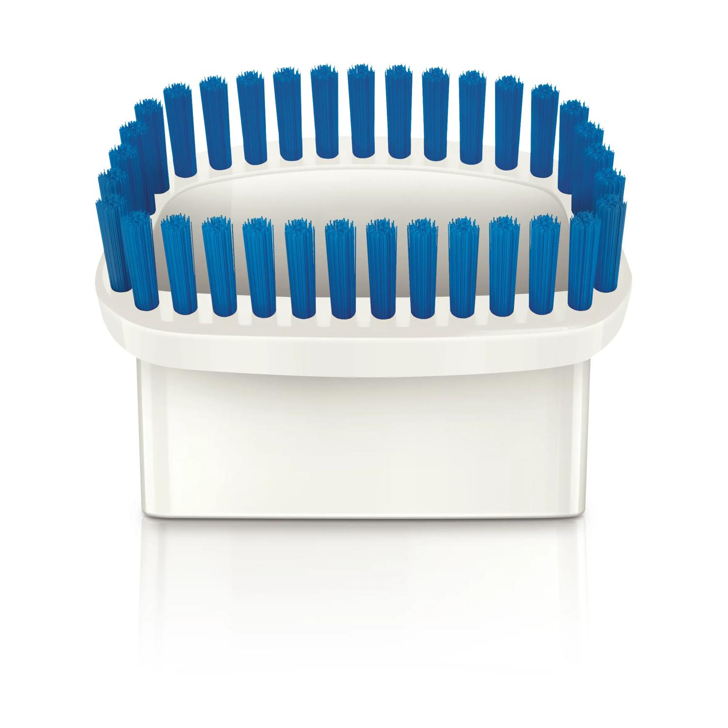A white brush head with blue bristles, on a white background.