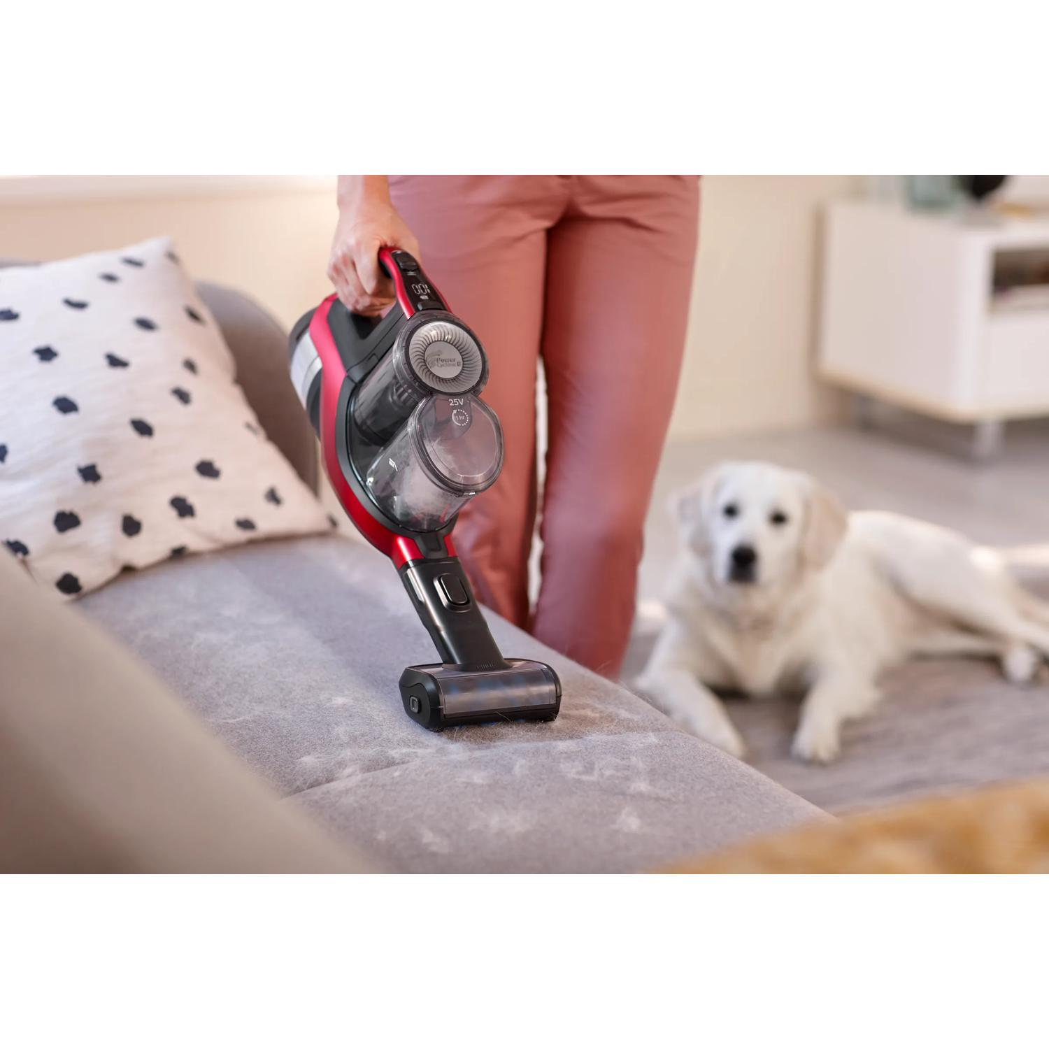 Yakında yatan bir köpekle koltuk süpüren kişi.