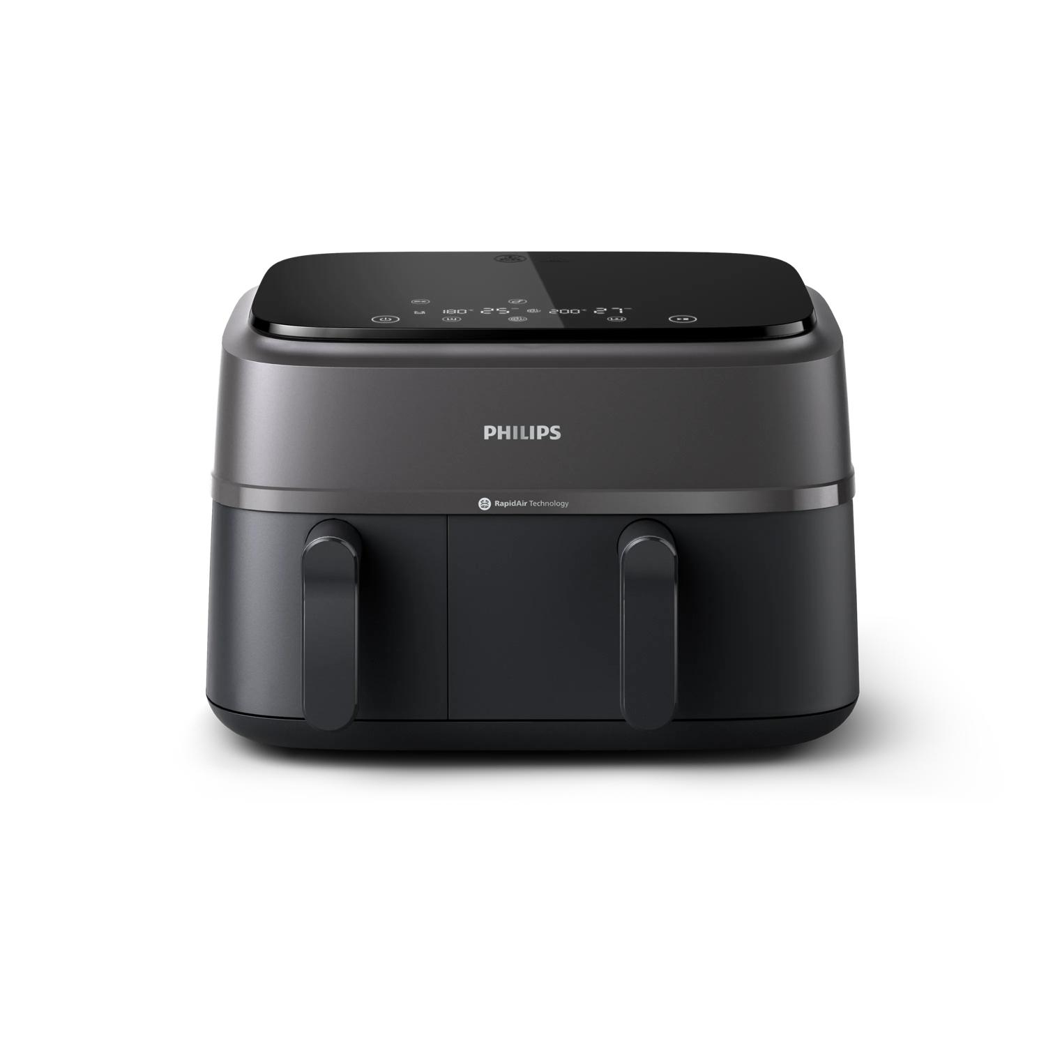 Una friggitrice ad aria Philips grigio scuro con due cassetti e display digitale.