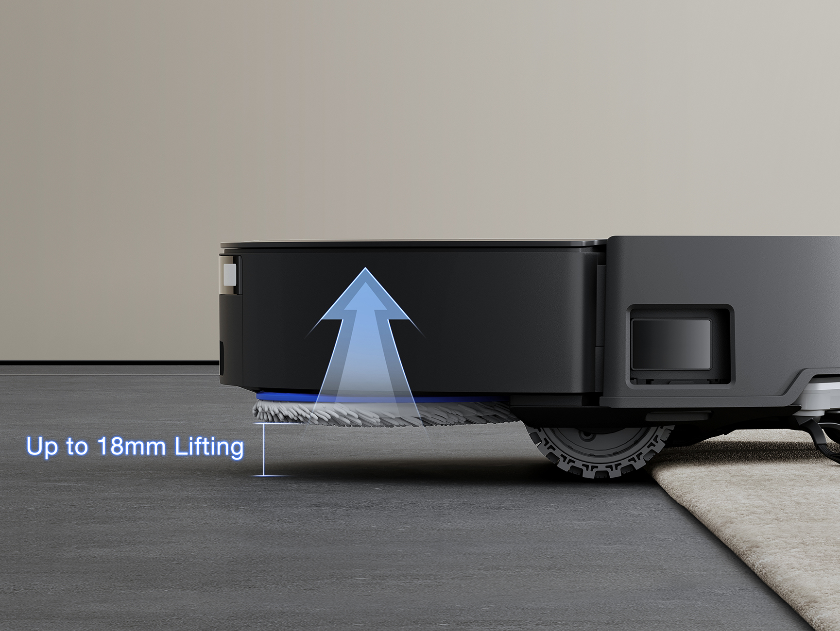 Robot aspirapolvere solleva spazzola 18mm per passare sul tappeto. Pavimenti puliti.
