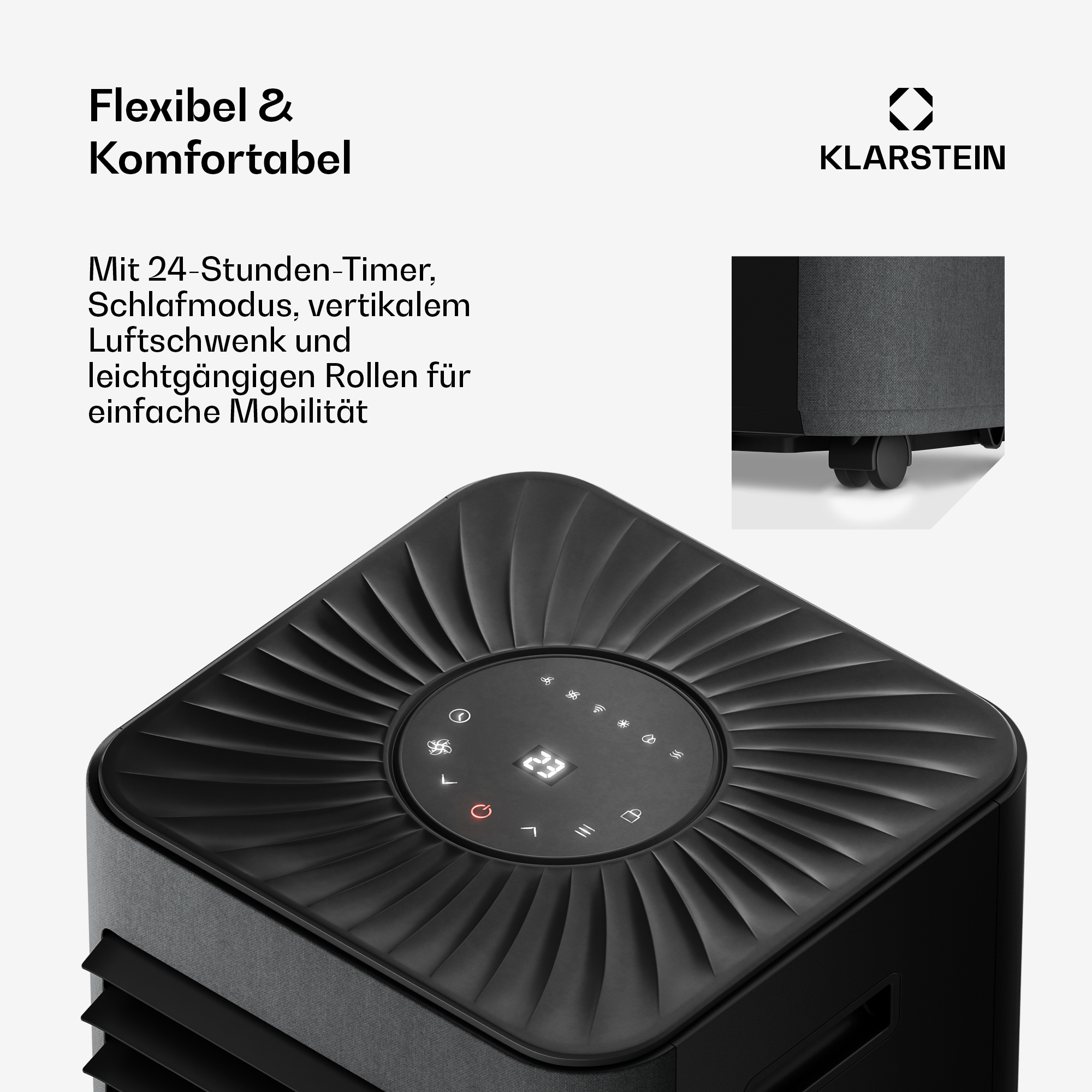 Purificatore d'aria Klarstein nero con pannello di controllo e ruote.