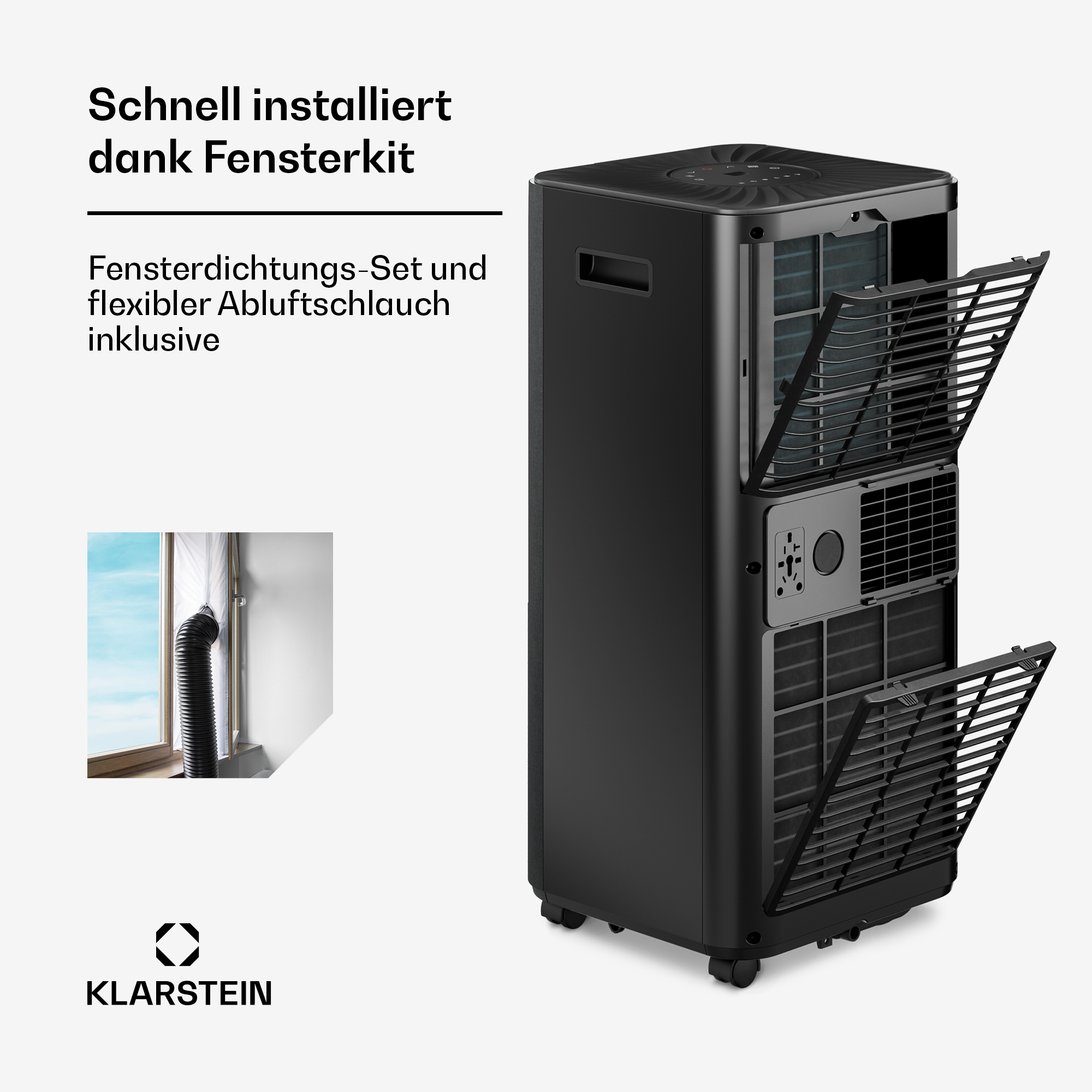 Unità AC portatile nera con prese aperte, filtri visibili. Kit finestra incluso.