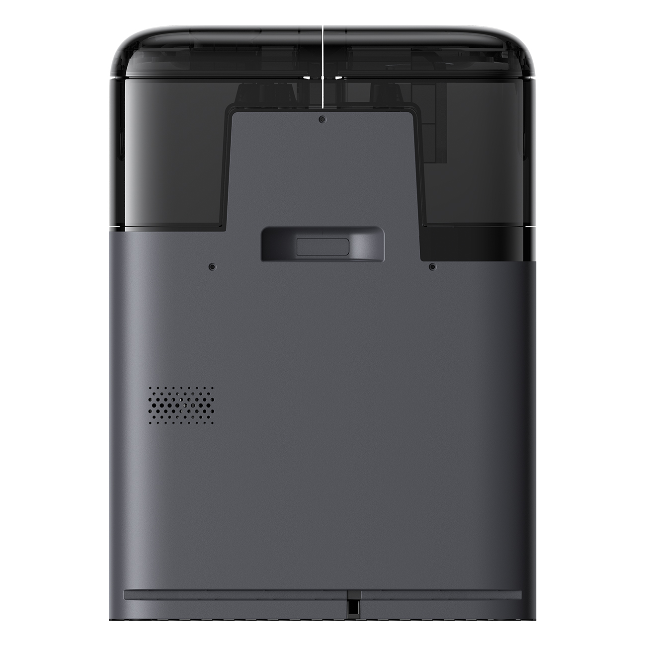Dispositivo grigio scuro con parte superiore nera e trasparente e griglia di ventilazione.