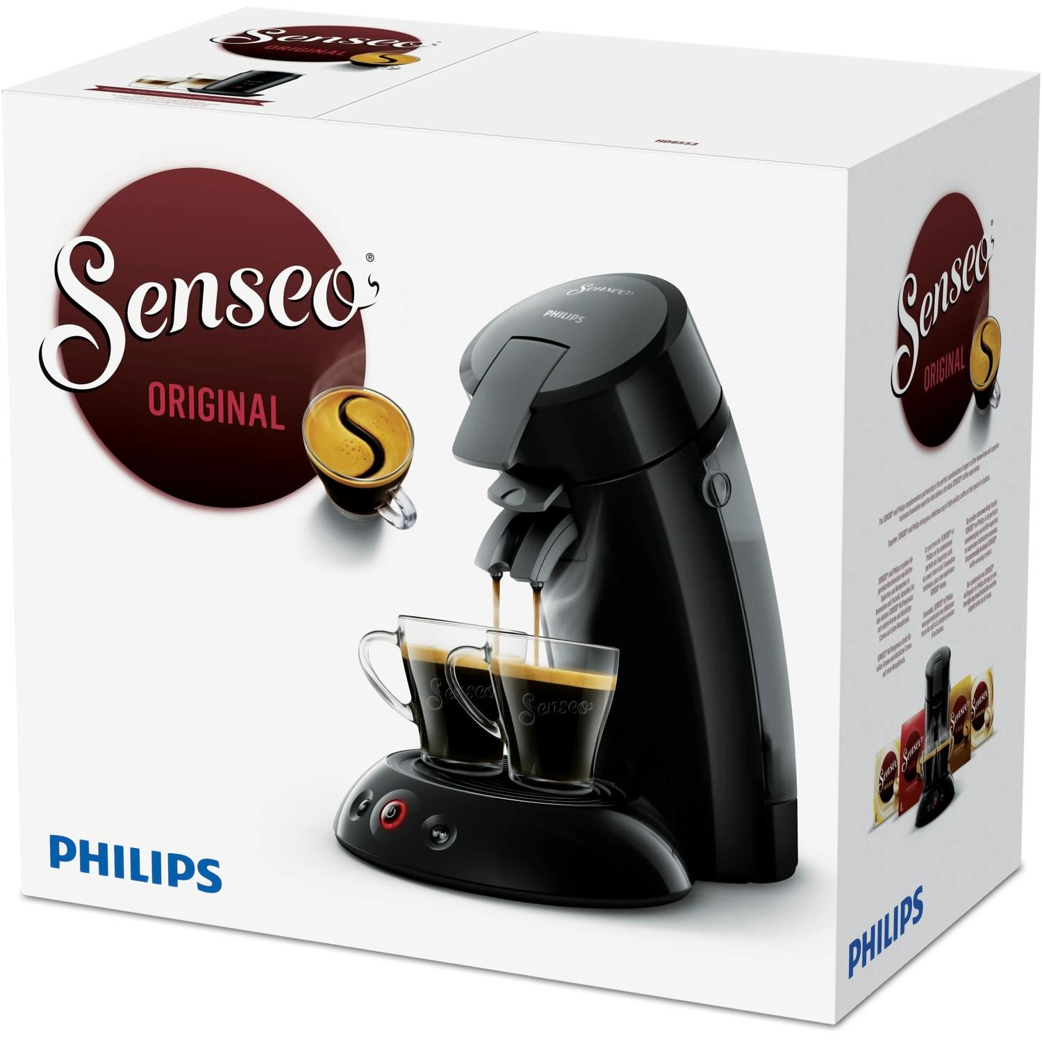 Ekspres do kawy Senseo z dwoma filiżankami świeżej kawy, logo Philips.