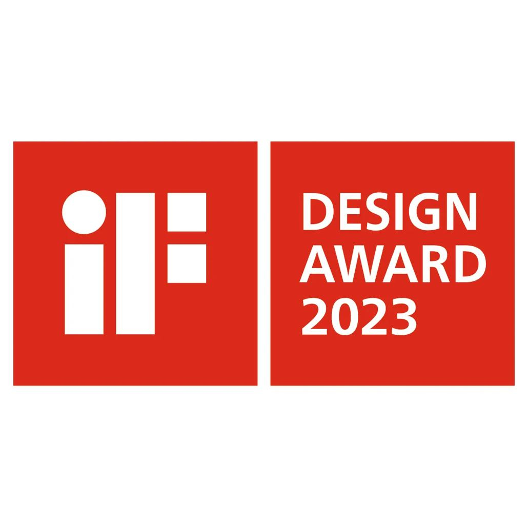 Logo IF Design Award 2023 con texto blanco sobre fondo rojo.