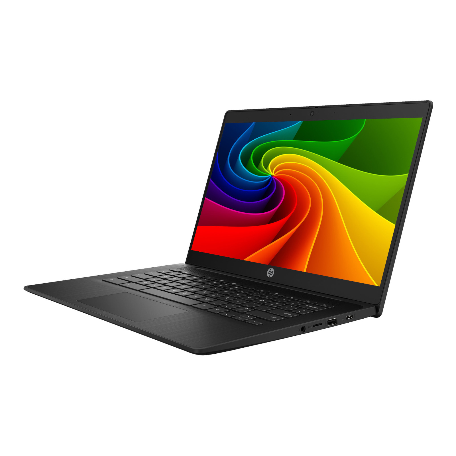 Schwarzer HP Laptop mit buntem, wirbelndem Hintergrund auf dem Bildschirm.