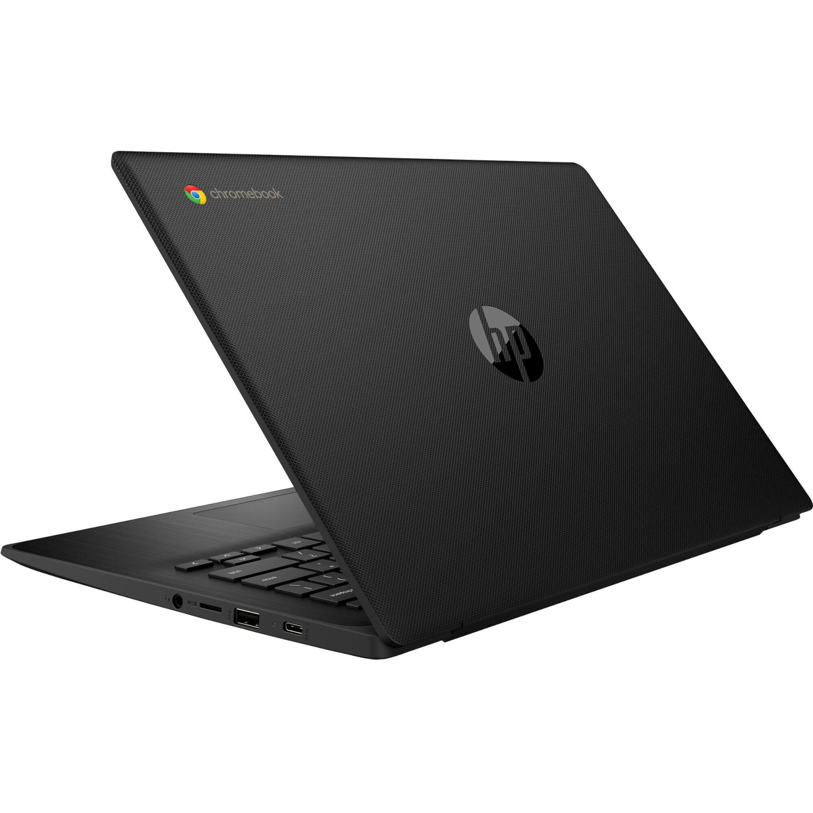 Schwarzer HP Chromebook mit Tastatur und Anschlüssen auf weißem Hintergrund.