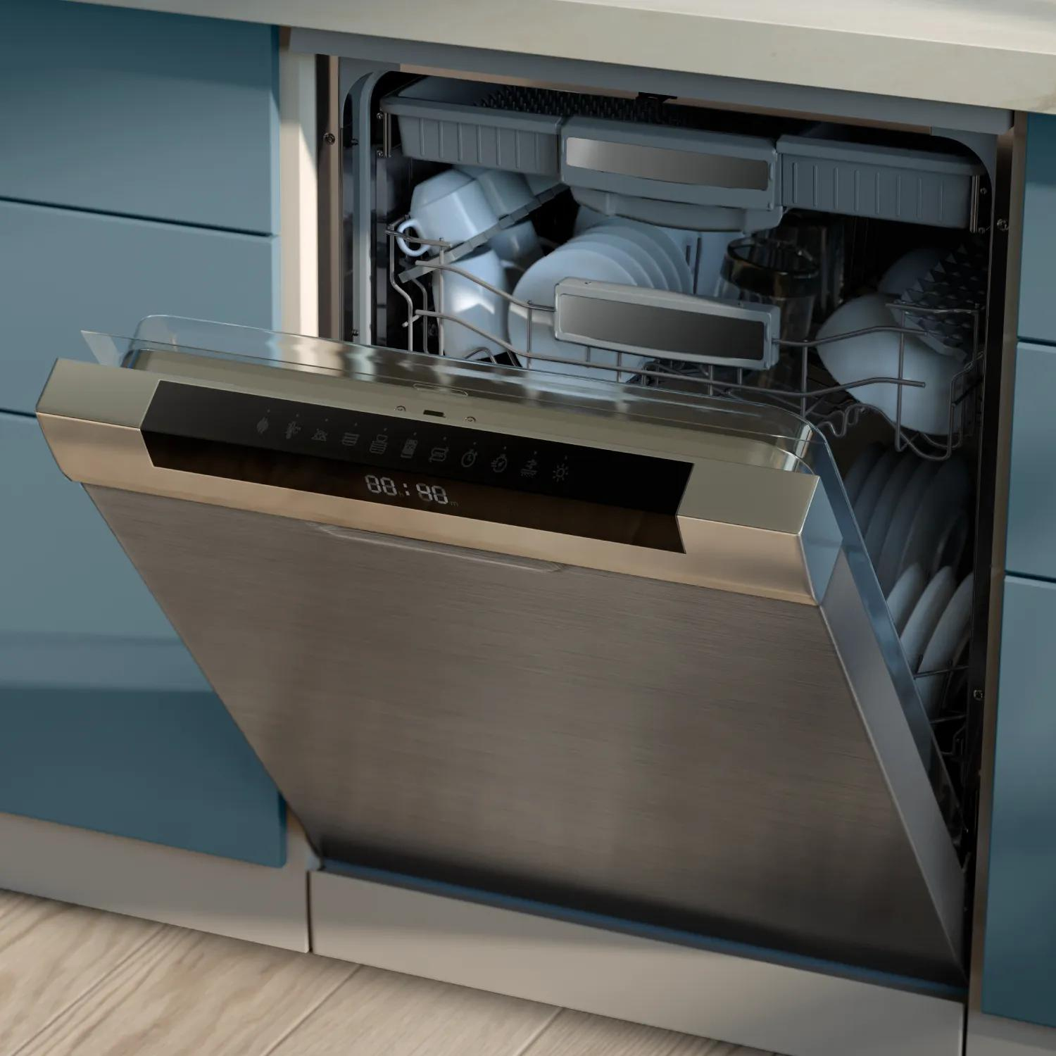 Otwarta zmywarka z czystymi białymi talerzami, kubkami i szklankami w środku. Panel sterowania pokazuje '00:00'.