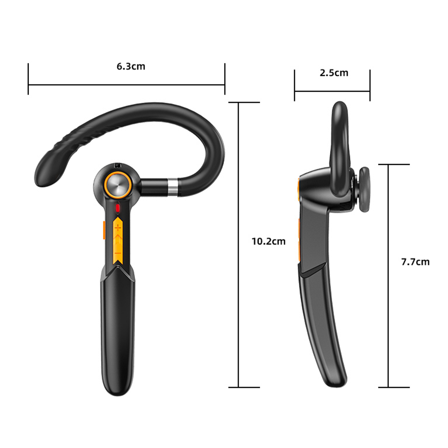 Auricolare wireless nero con dimensioni: 6,3cm x 10,2cm x 2,5cm.