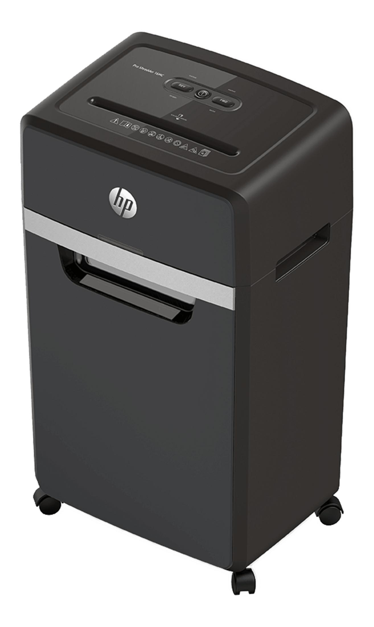 Un distruggidocumenti HP scuro con ruote e accenti argentati.
