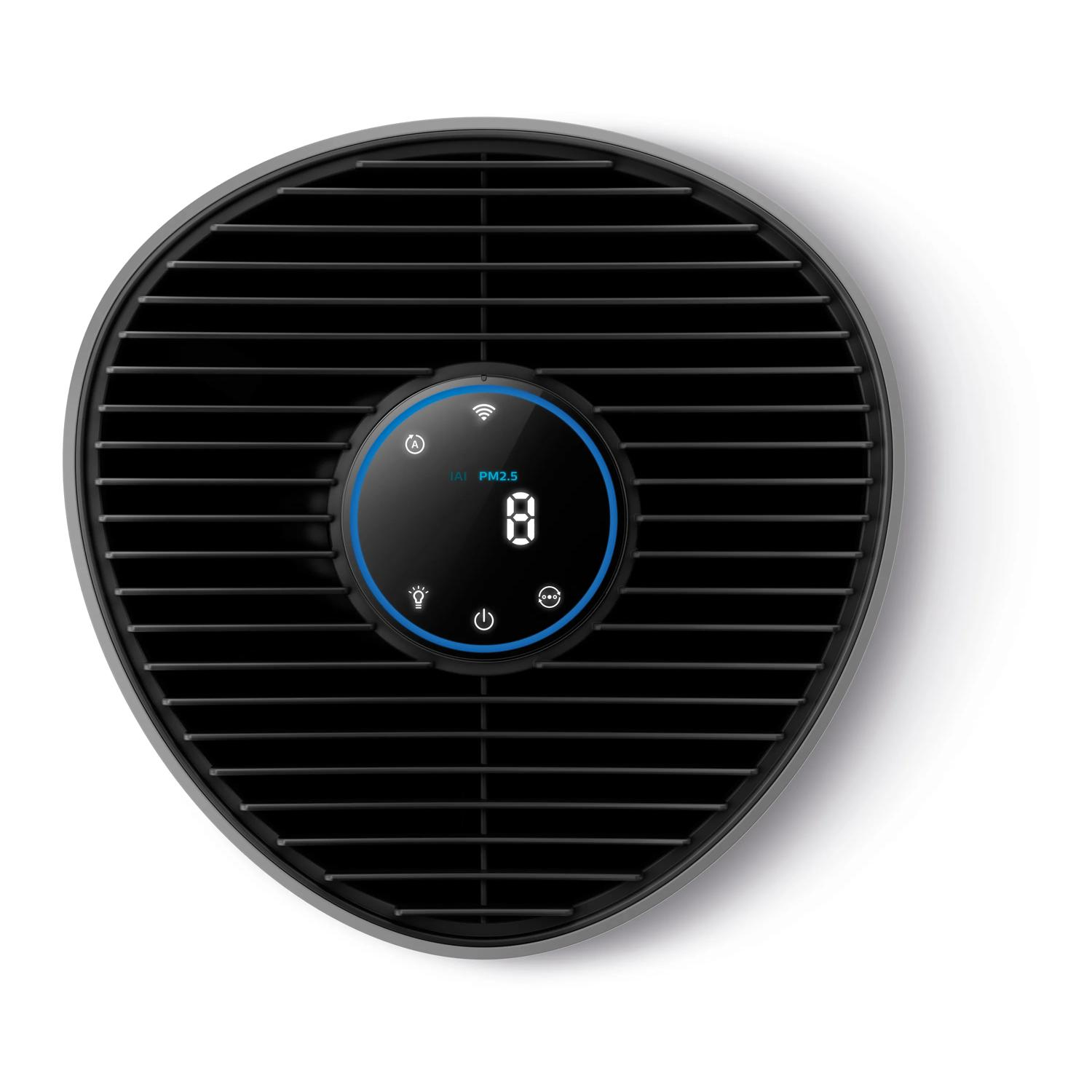 Un purificador de aire negro con pantalla digital que muestra PM2.5.