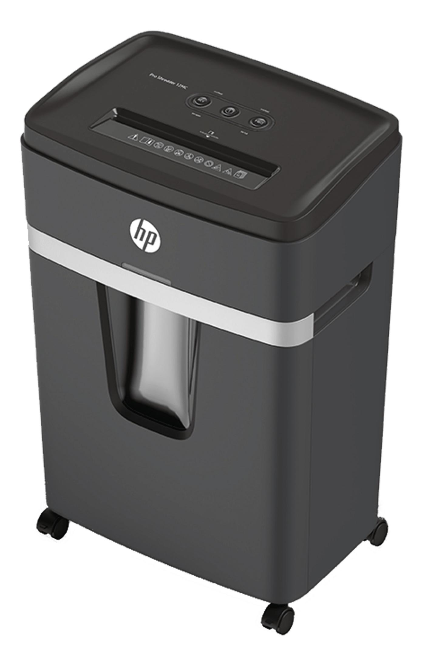 Un distruggidocumenti HP scuro con striscia argentata e ruote.