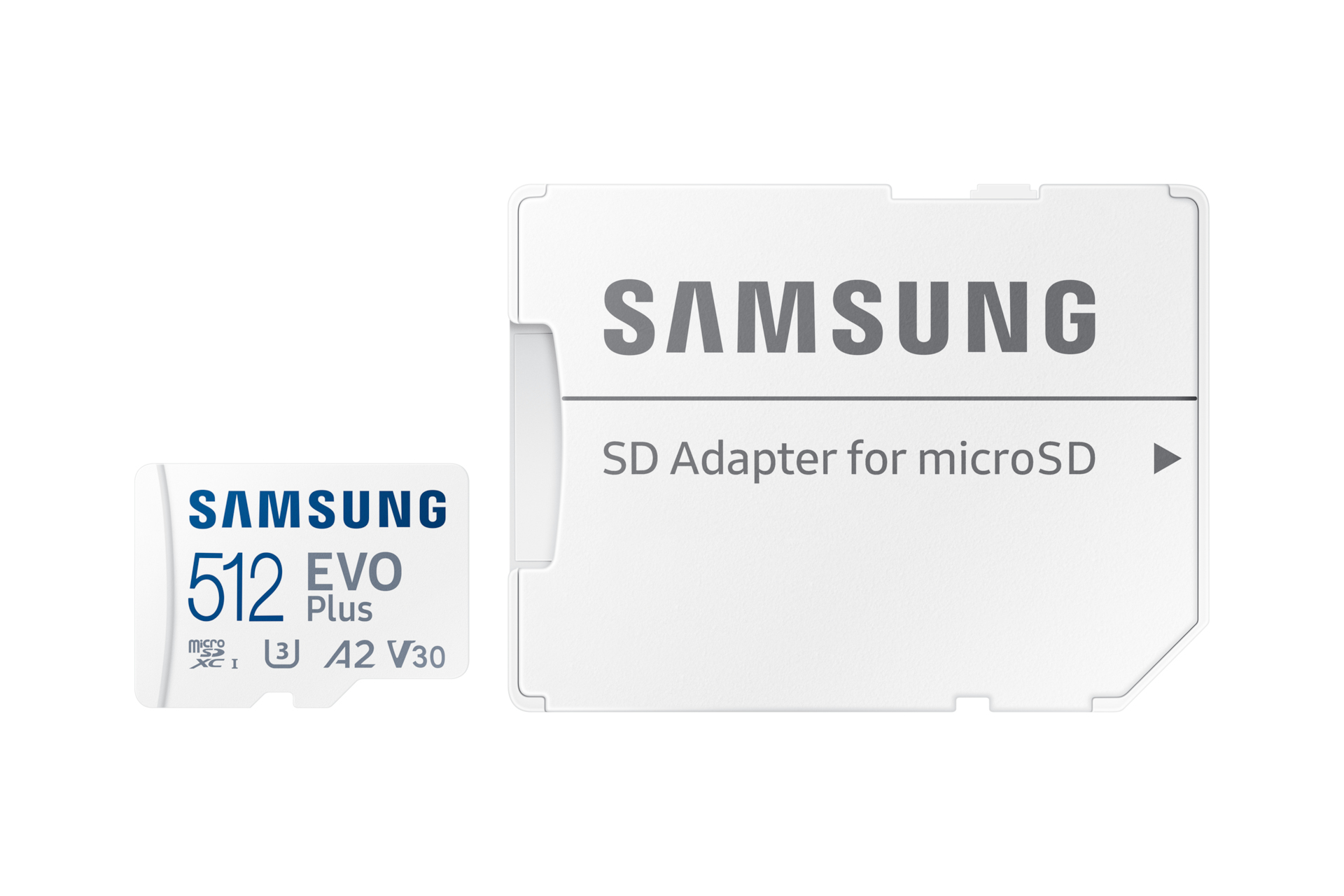 Samsung 512GB microSD-Karte mit Adapter. Grau und Weiß. Weiße Karte mit Text und Zahlen.