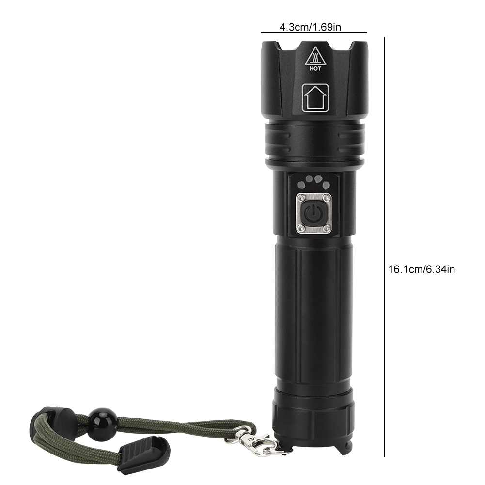 Schwarze Taschenlampe mit Riemen, Maße 16,1 cm hoch, 4,3 cm breit.