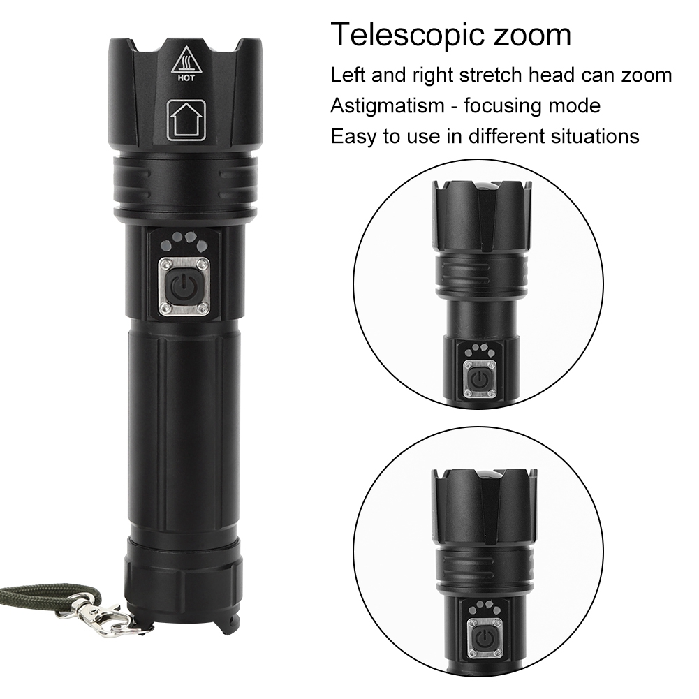 Schwarze Taschenlampe mit Teleskopzoom, drei Ansichten, mit Handschlaufe.