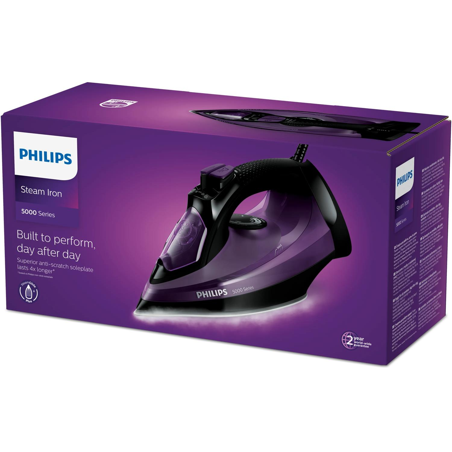 Purple Philips 5000 Series steam iron on its retail box.