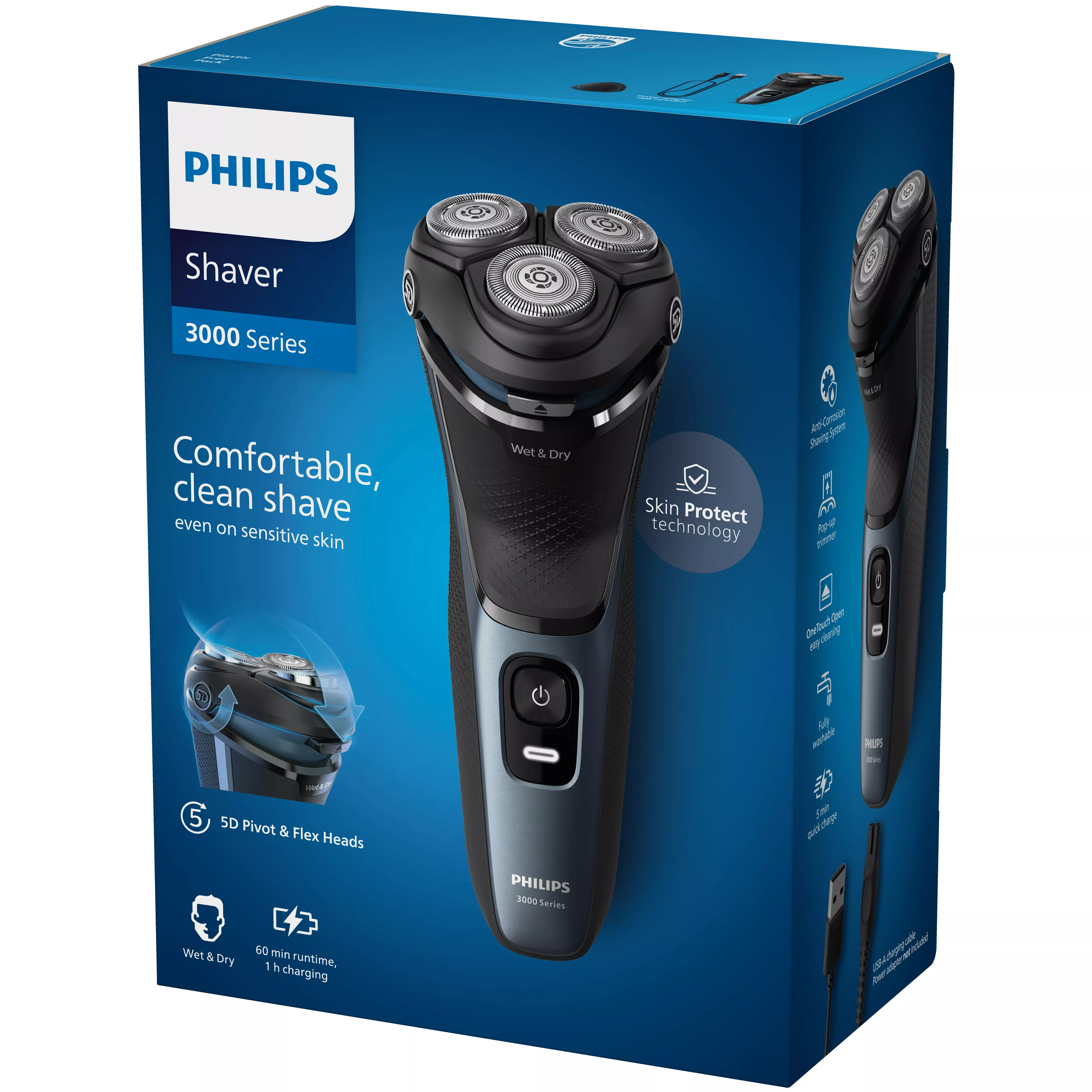 Pudełko golarki Philips serii 3000 z zbliżeniem na golarkę.