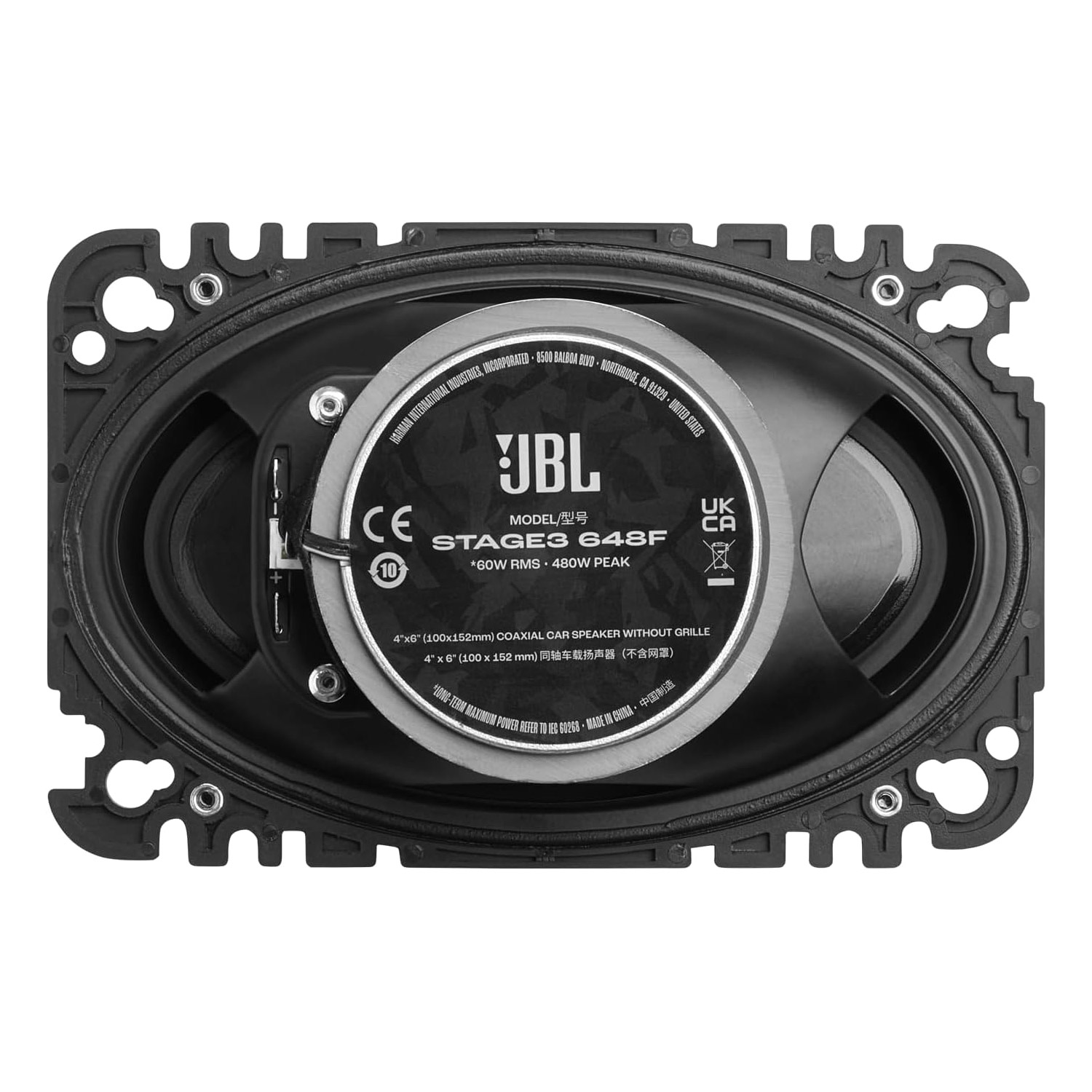 Ein ovaler JBL Koaxial-Autolautsprecher ohne Gitter, Modell Stage3 648F.