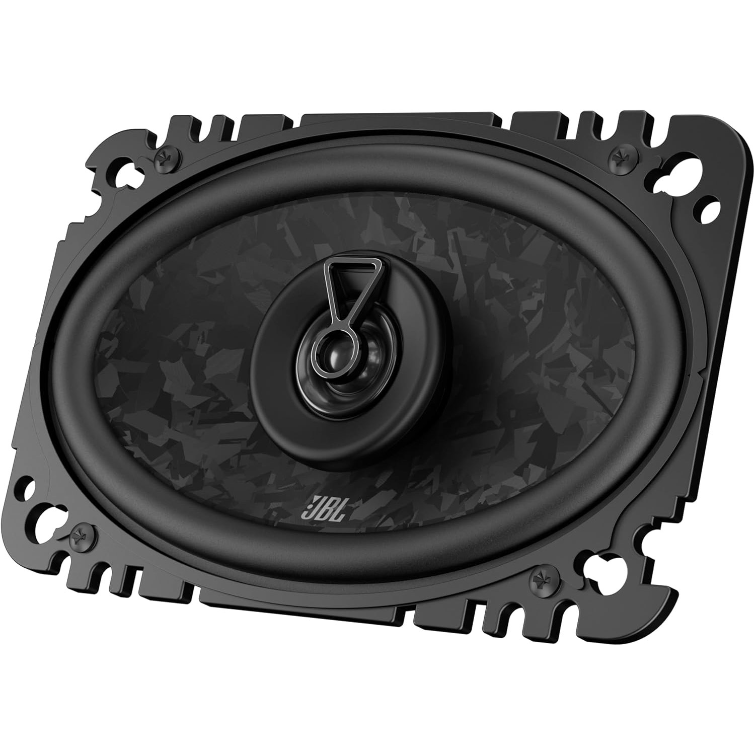 Ovaler schwarzer Lautsprecher mit JBL-Logo und einem gewebten Muster auf der Membran.