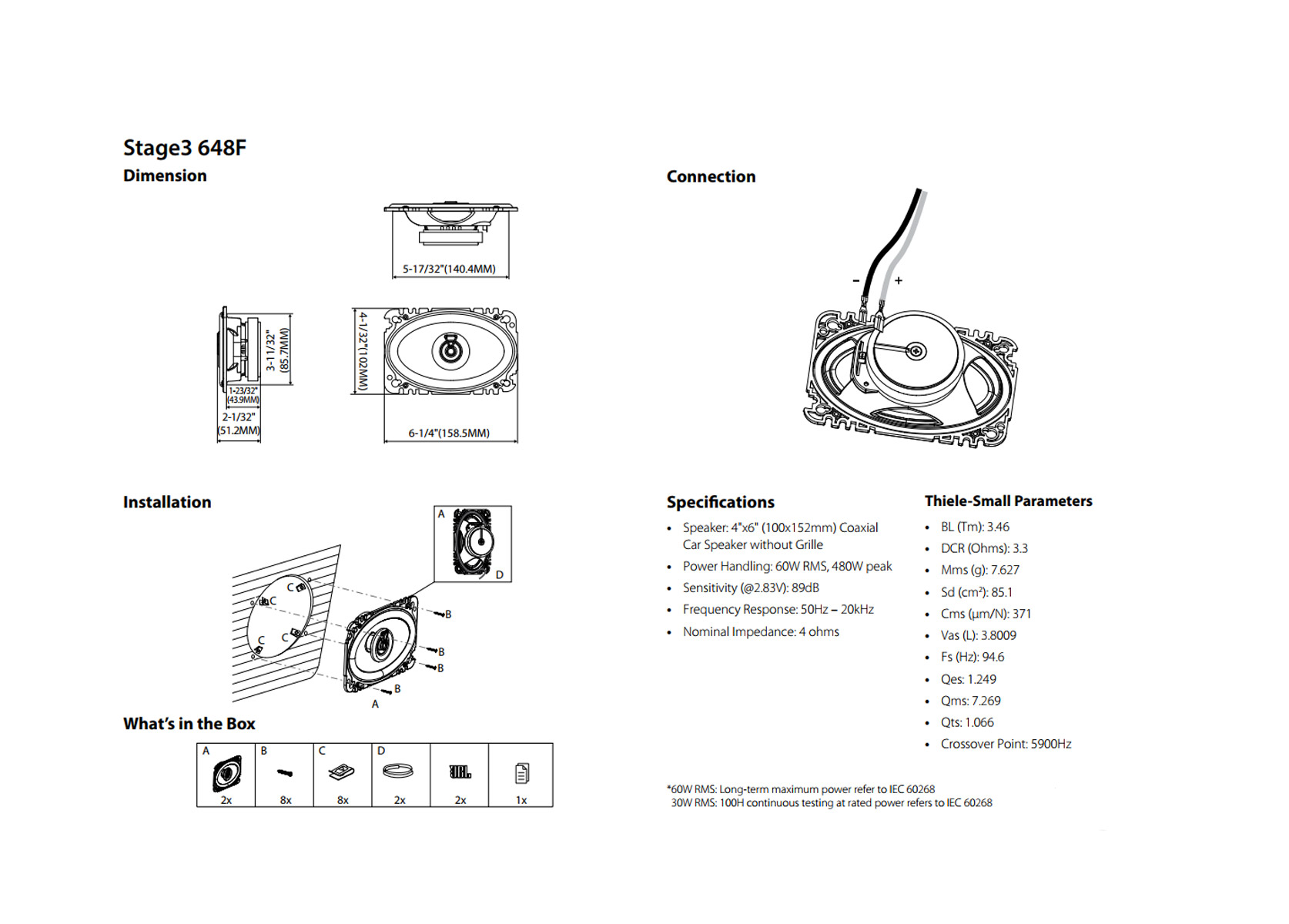 Diagramm eines 4x6 Zoll Koaxial-Autolautsprechers mit Spezifikationen und Einbauanleitung.