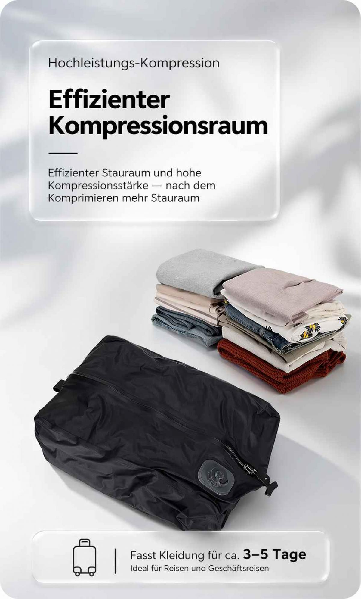 Schwarzer Kompressionsbeutel mit gefalteter Kleidung. Text: Effizienter Kompressionsraum.