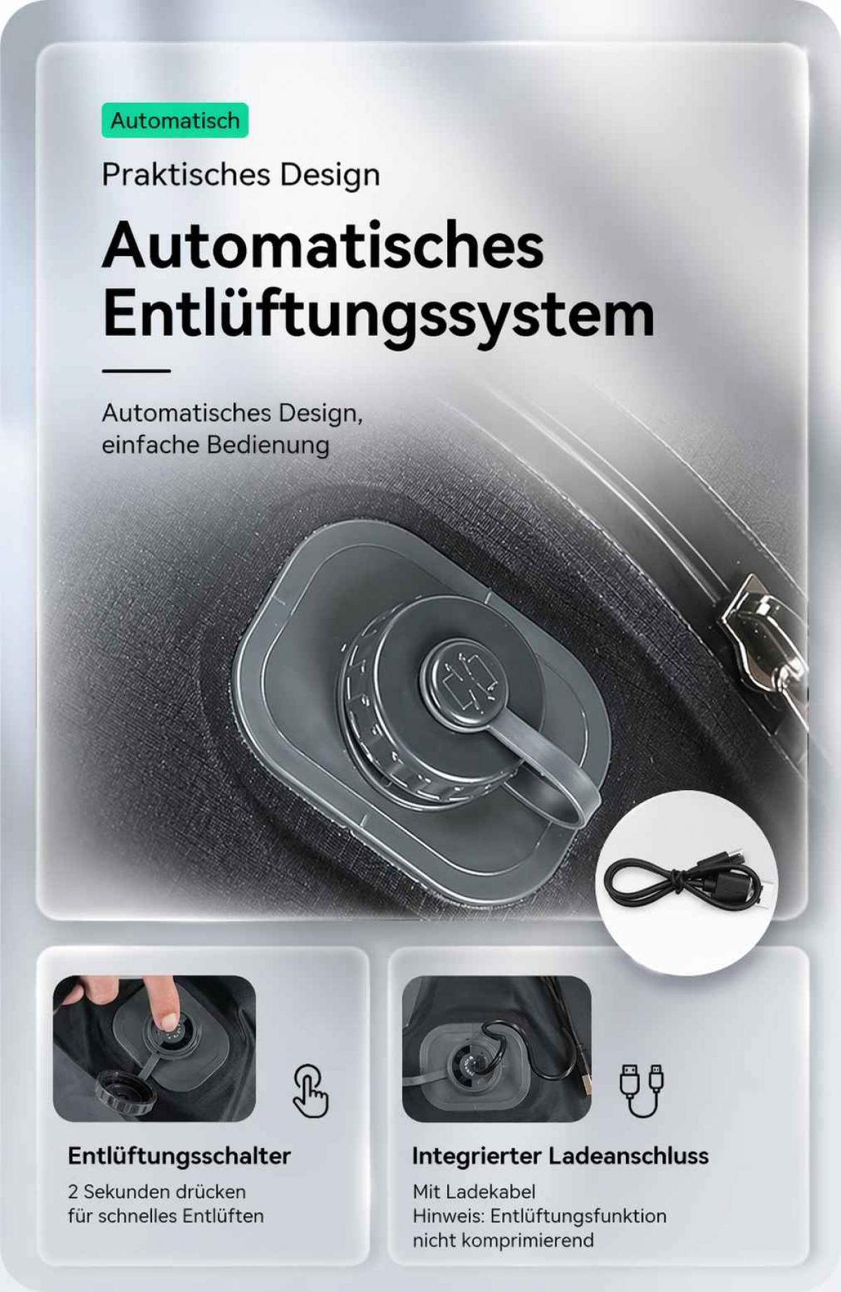 Automatische Luftpumpe mit Entlüftungsschalter und Ladeanschluss.