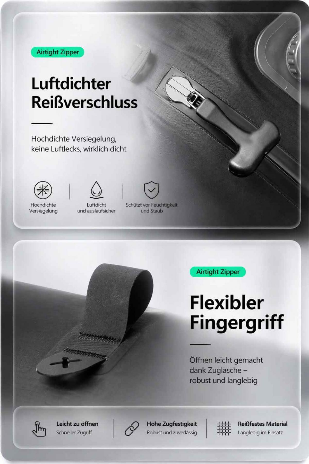 Oben: Luftdichter Reißverschluss mit Griff. Unten: Flexibler Fingergriff mit Zuglasche.