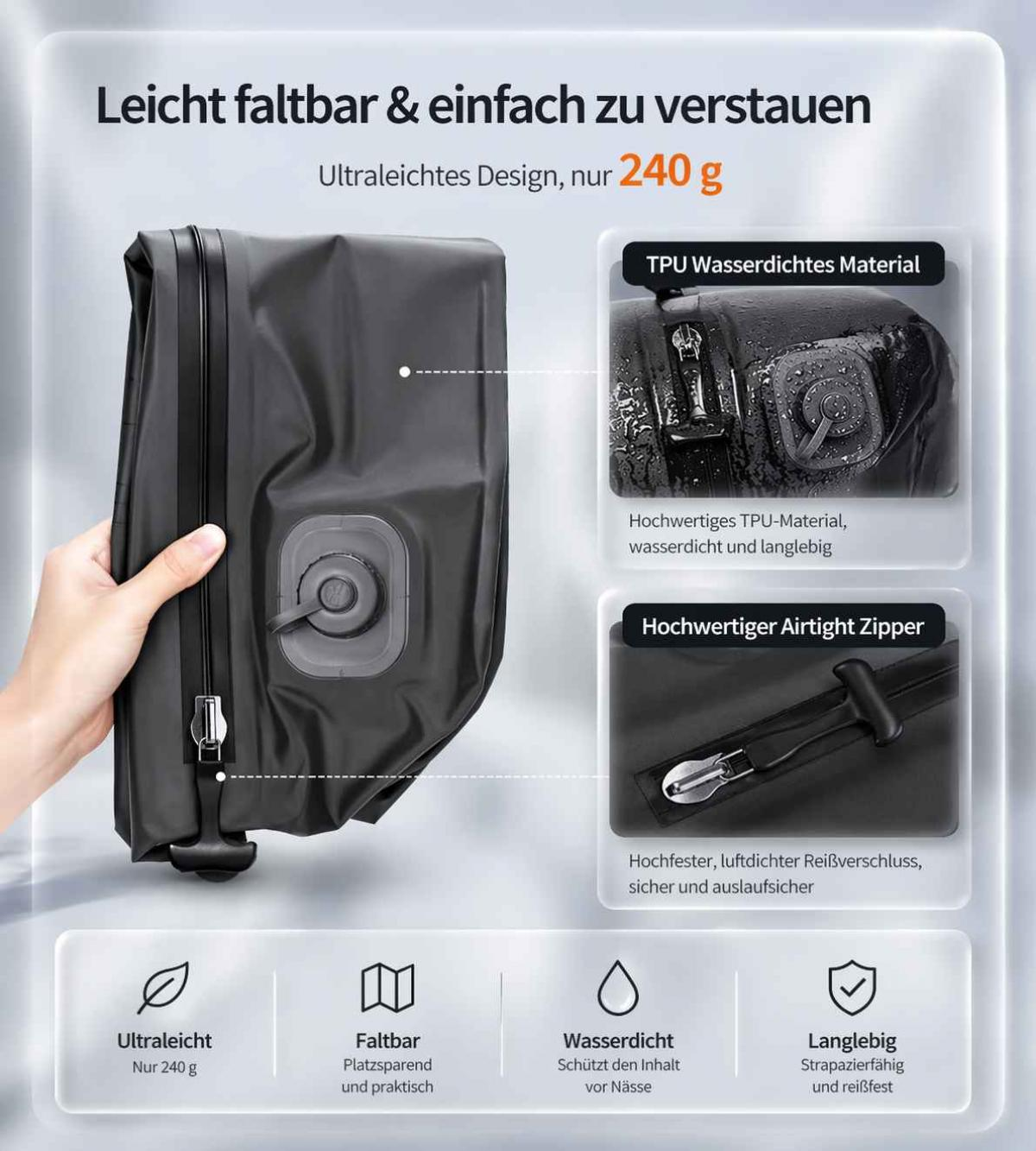Schwarze wasserdichte Tasche wird von Hand gehalten, mit Details zu Material und Reißverschluss.
