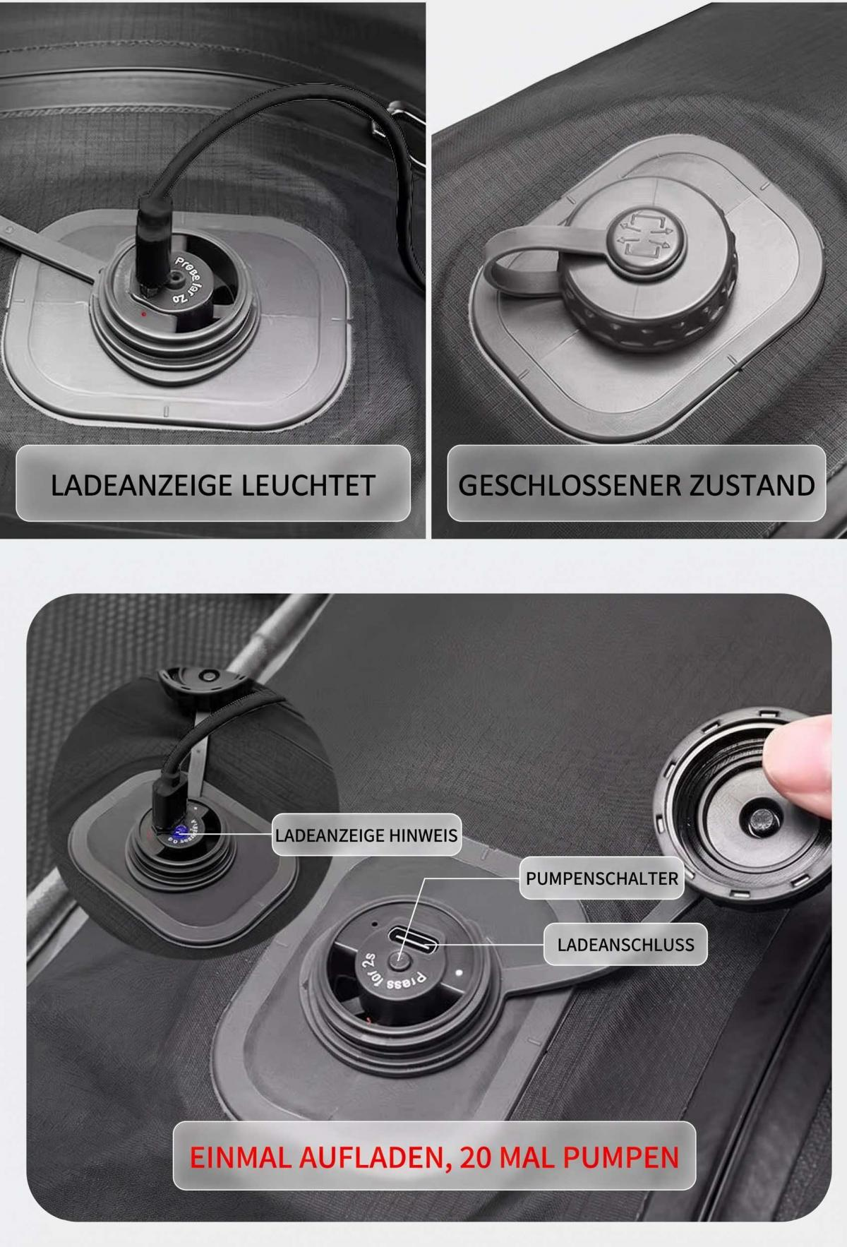 Nahaufnahme eines Ladeanschlusses mit Ladeanzeige und Pumpenschalter.