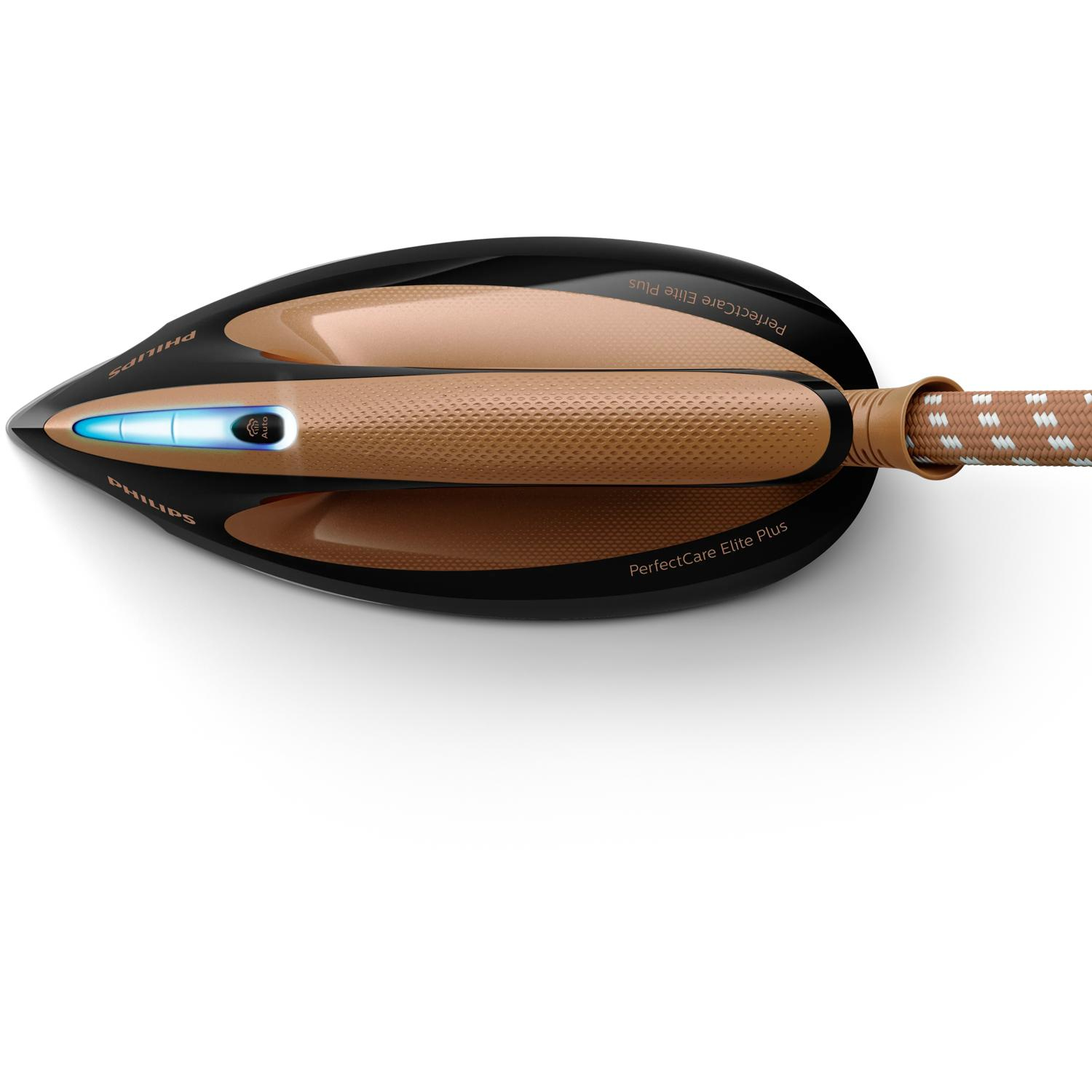 Una plancha Philips negra y cobre con luz azul y cable.