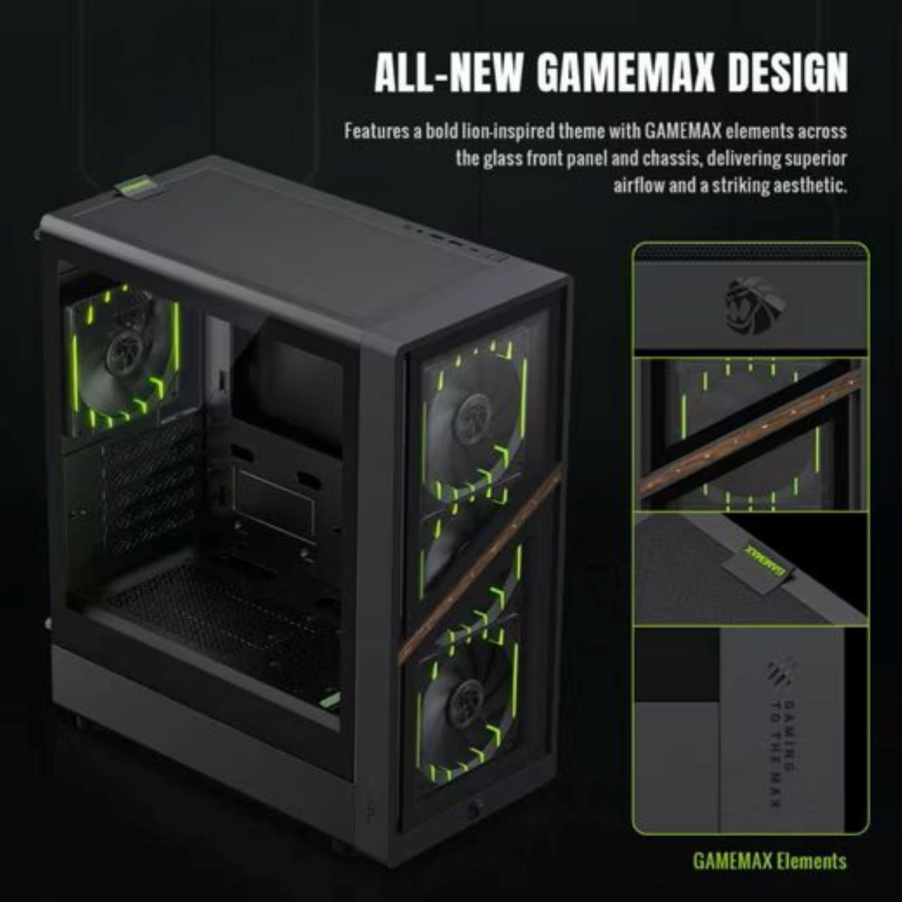 Schwarzes PC-Gehäuse mit Glasfront, grüner Beleuchtung und Löwenmotiv.