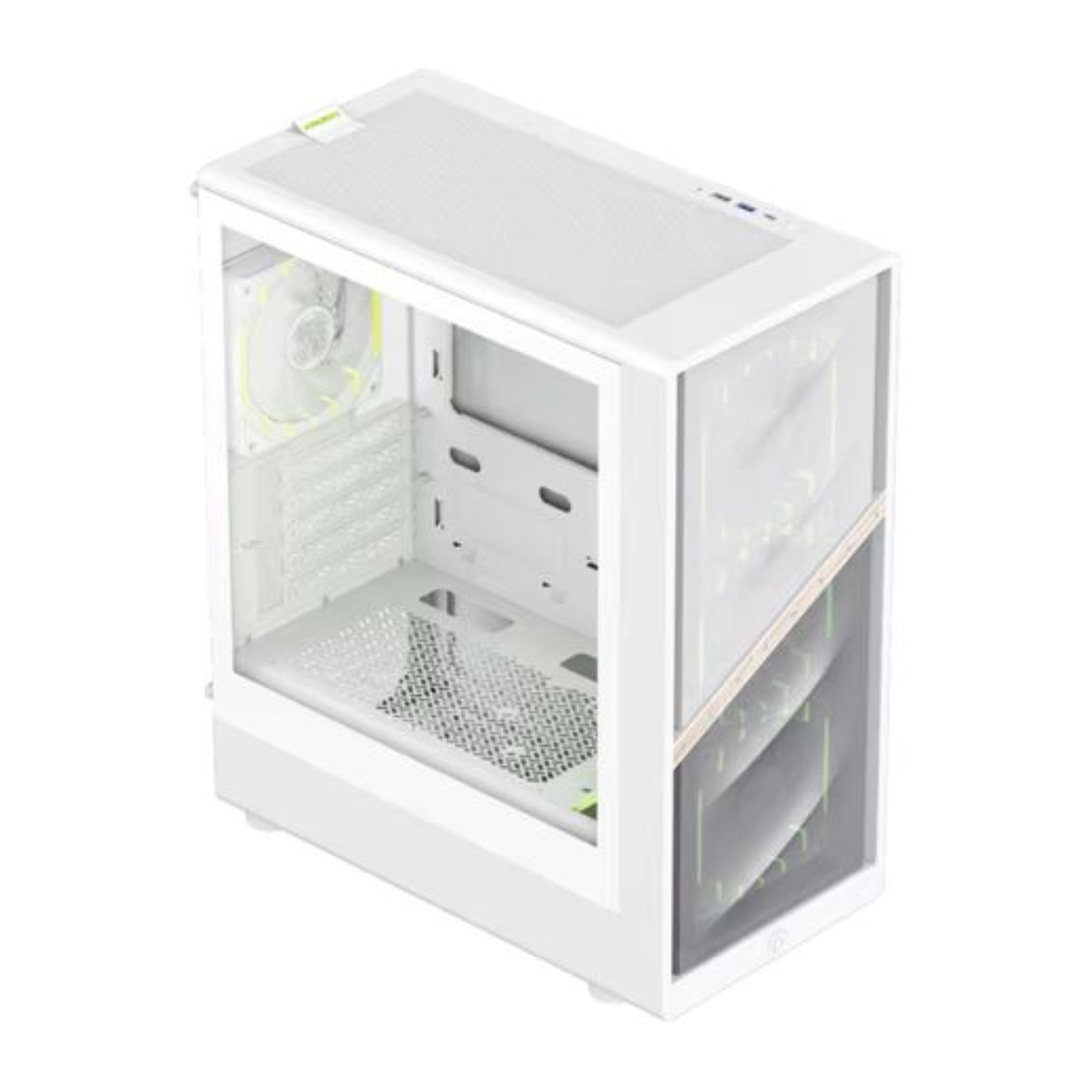 Ein weißes Computergehäuse mit Glasfront und Lüftern.
