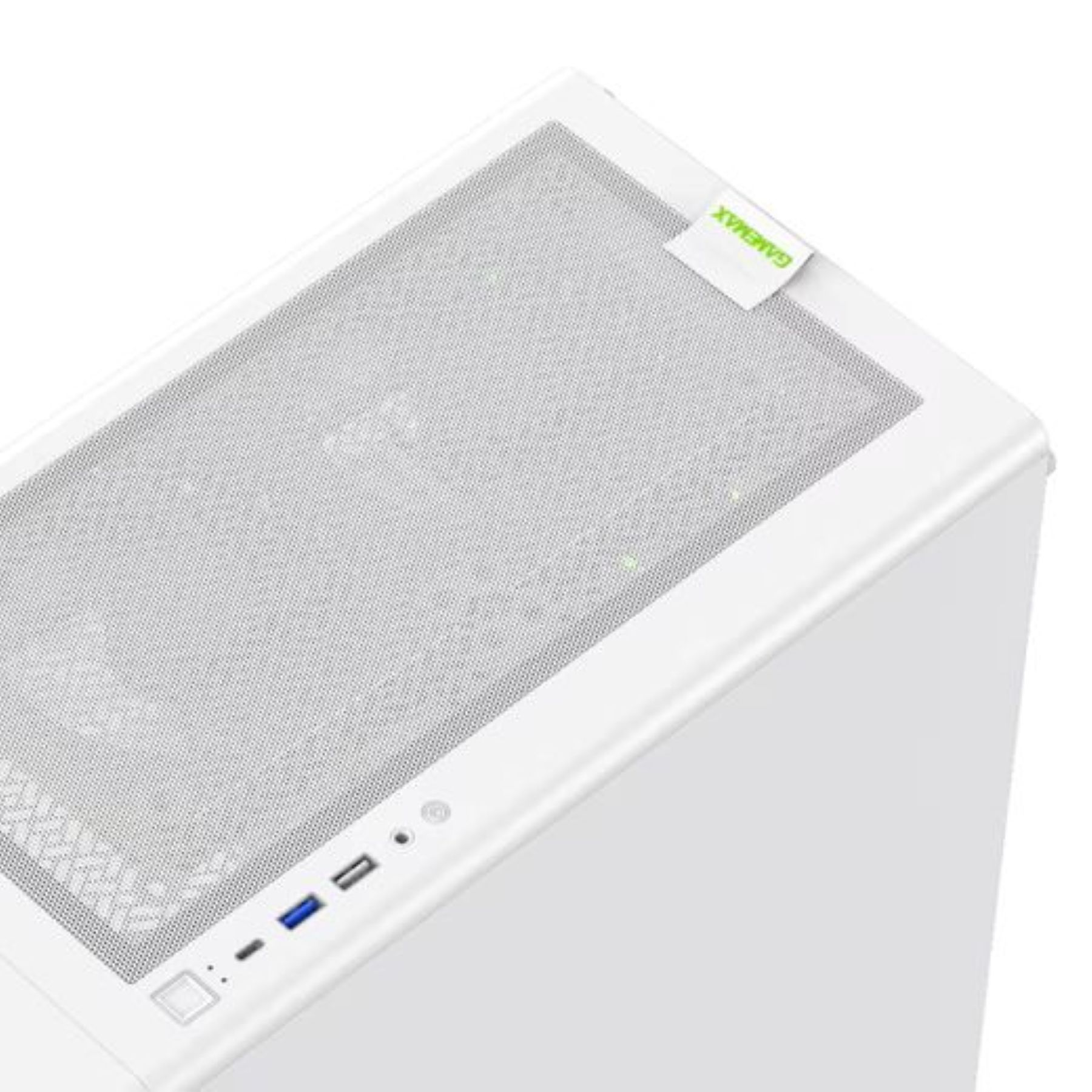 Ein weißes Computergehäuse mit Lüftungsgitter und Anschlüssen.
