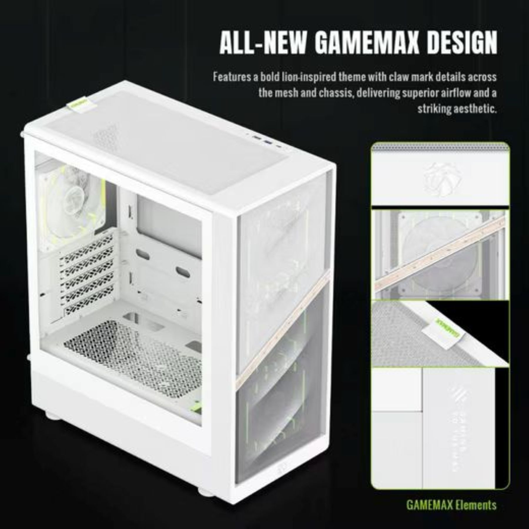 Ein weißes PC-Gehäuse mit Glasfront und Lüftern, daneben Produktbilder.