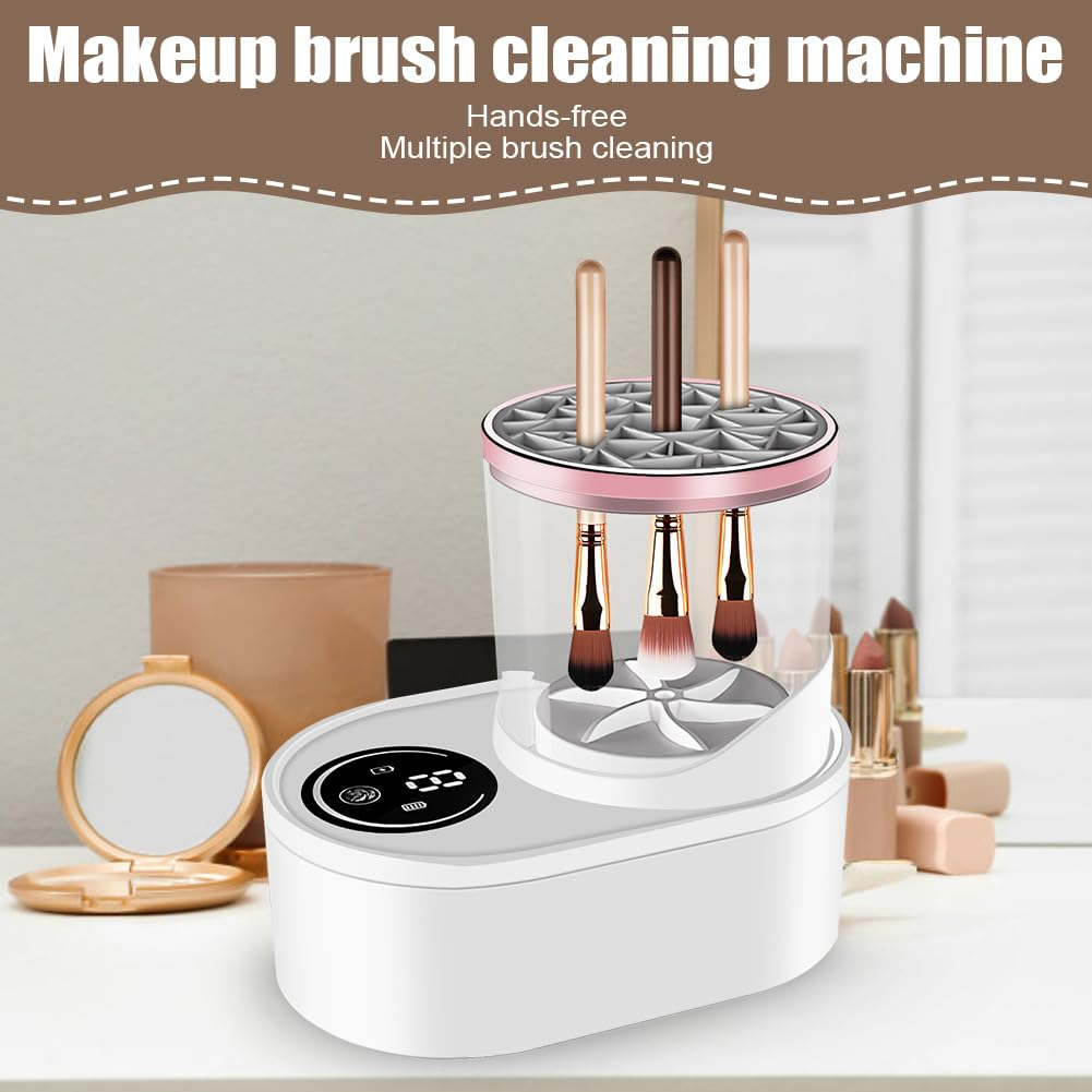 Ein weißer Makeup-Pinselreiniger mit drei Pinseln und einem digitalen Display.