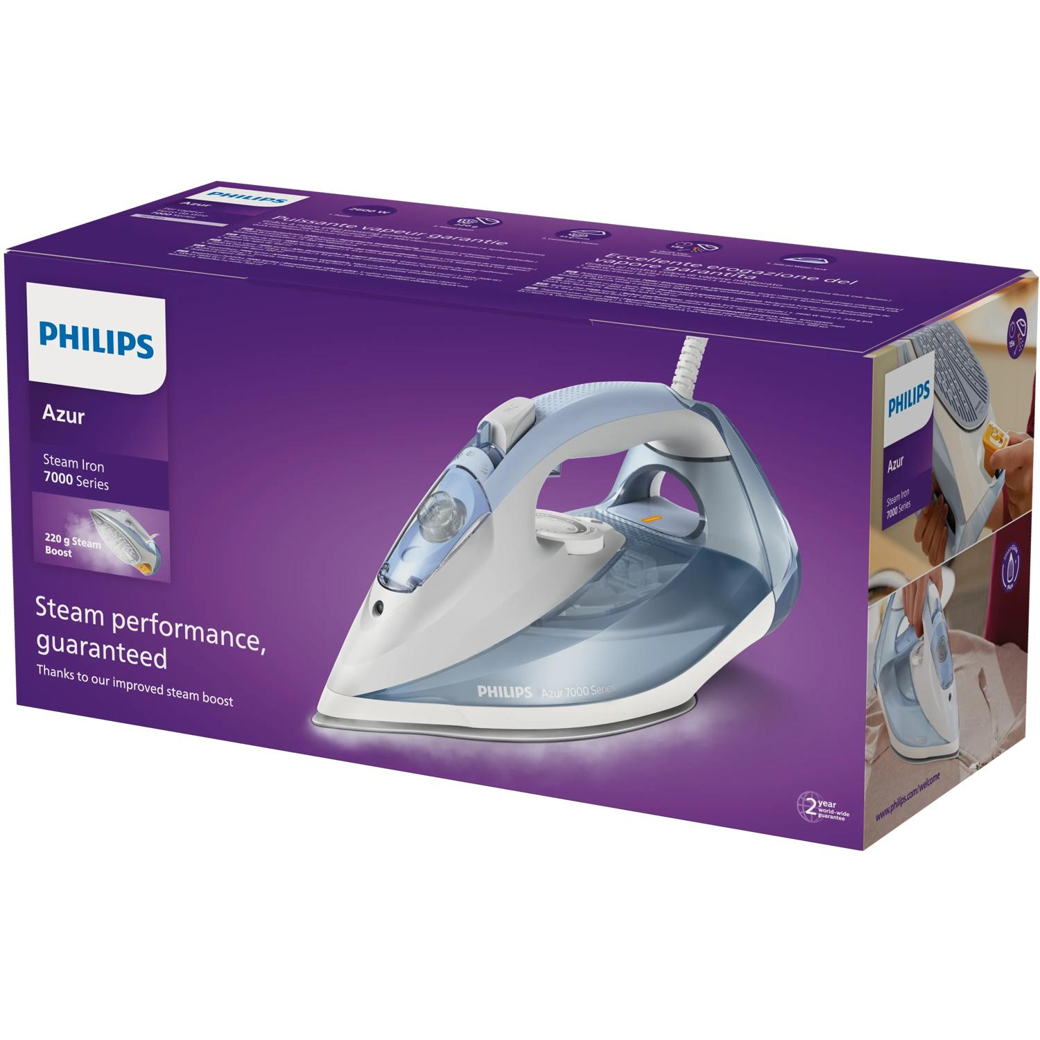 Packaging of a Philips Azur Steam Iron, 7000 Series, with text.